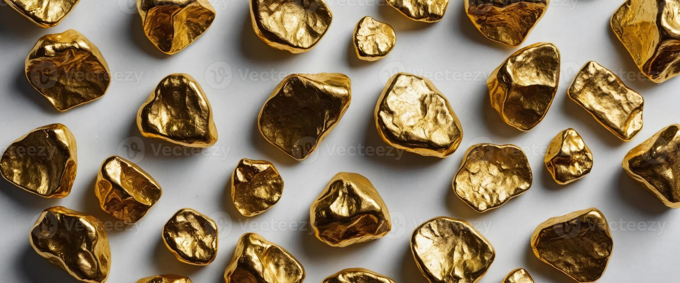 Pile of shiny gold nuggets on white textured table, flat lay Space for text. photo