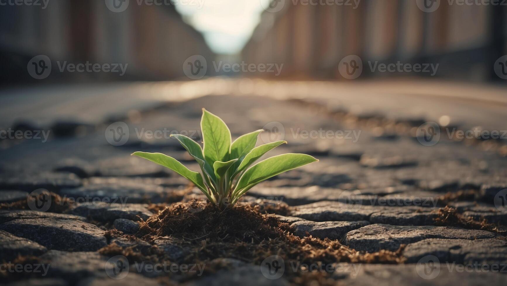 Plant growing in the weathered crack ground. photo