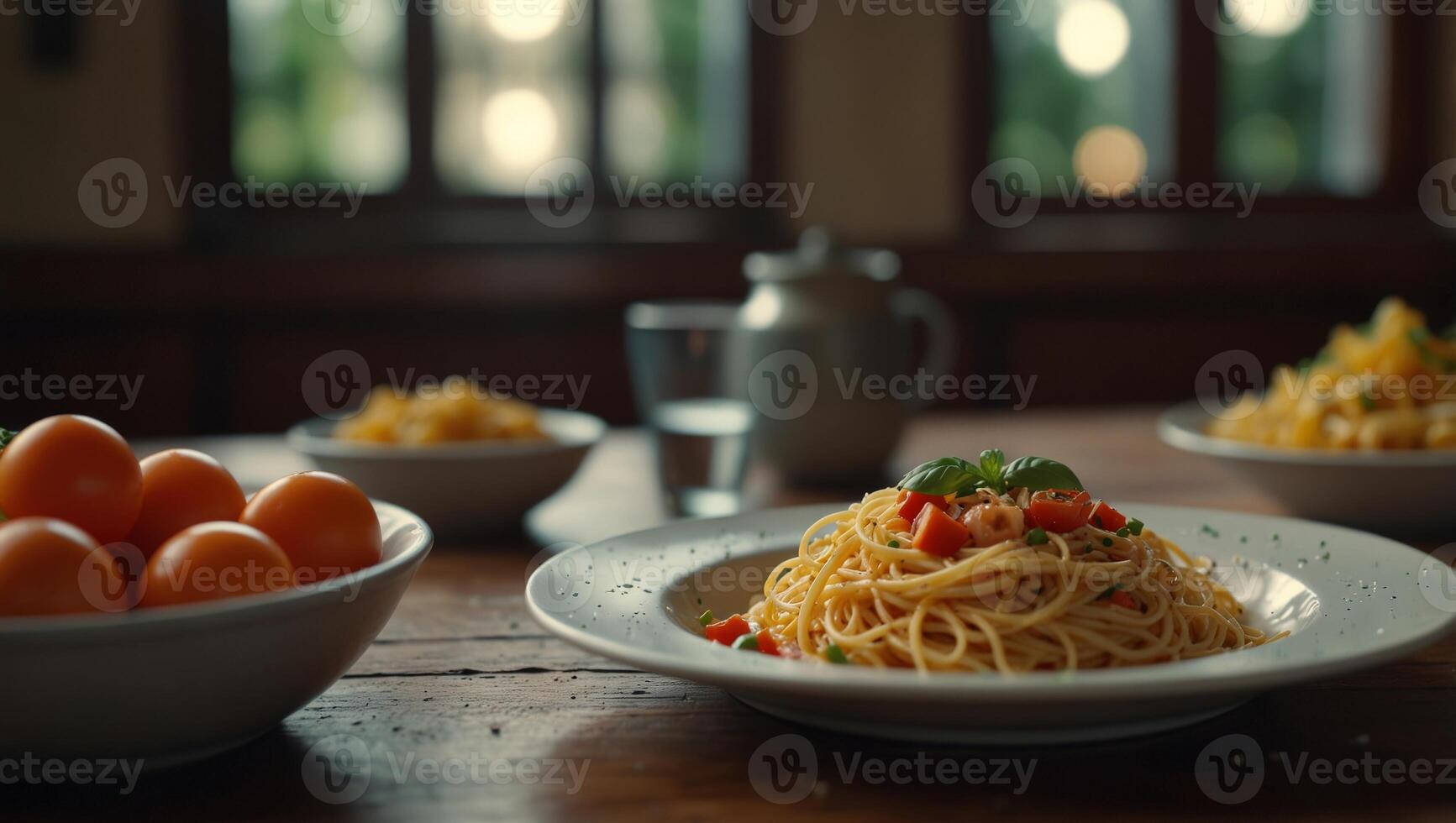 Plate of spaghetti pasta with vegetables on a table. photo