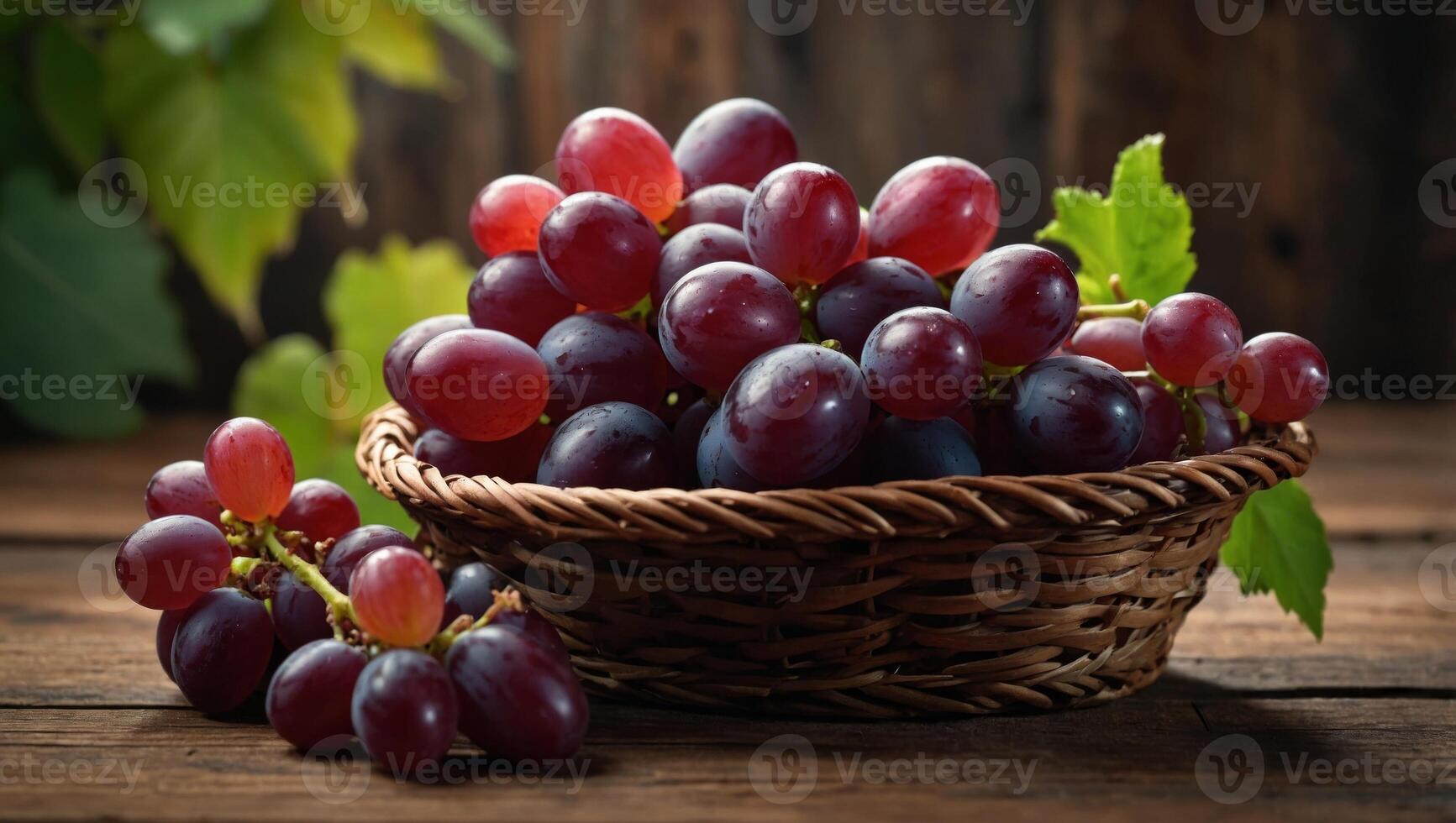 Red grapes, naturally sweet fruit, are placed on a wooden table and arranged in a wooden basket on the old wooden background. photo