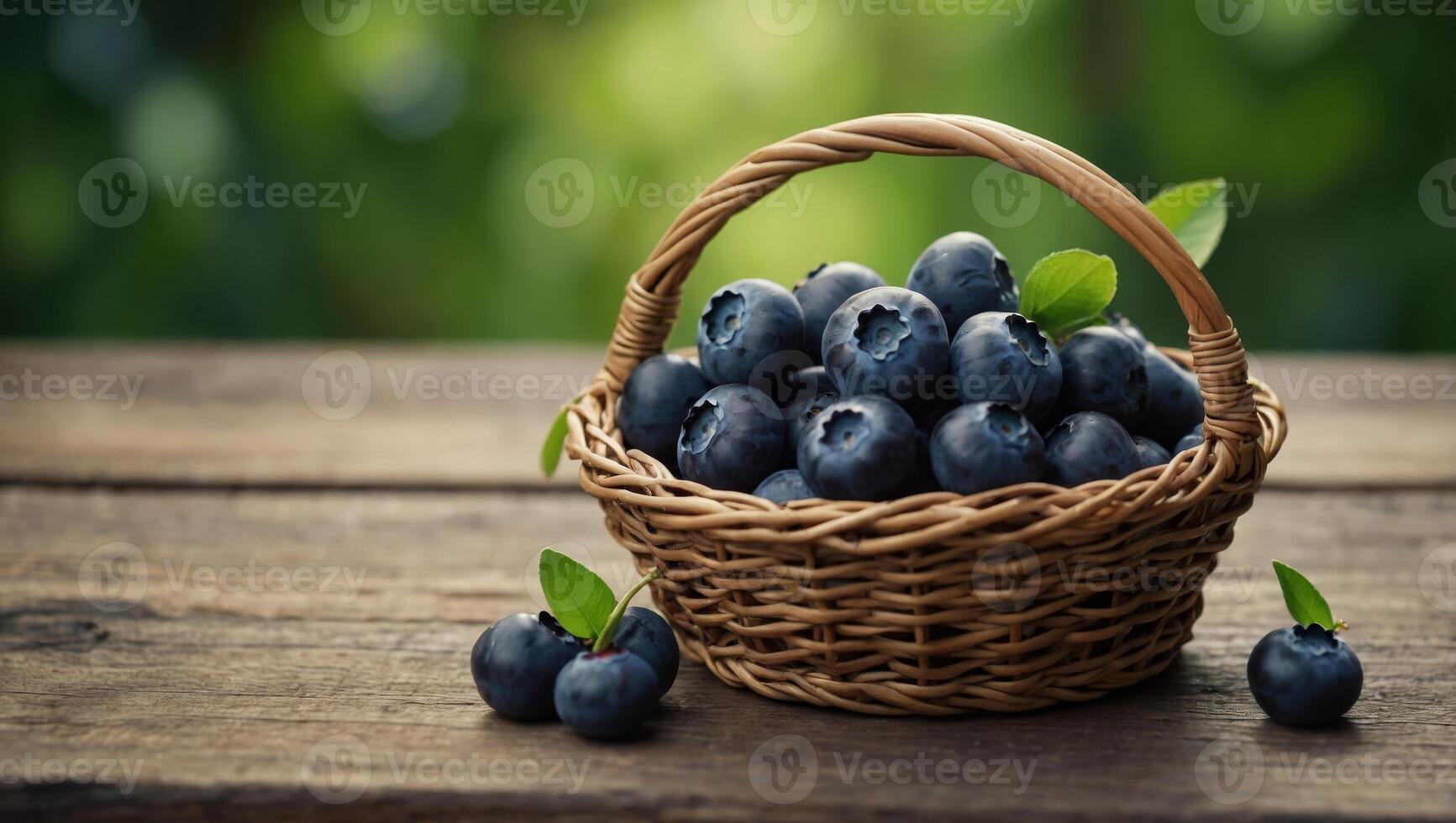 Ripe delicious blueberries close up in basket on wooden table with green blurred background. photo