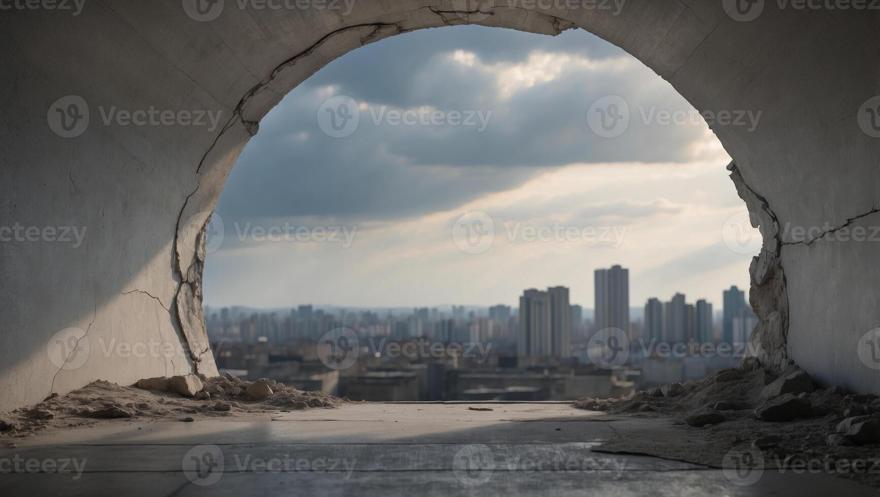 Sky view from hole in the concrete grey wall and concrete cracked floor. photo