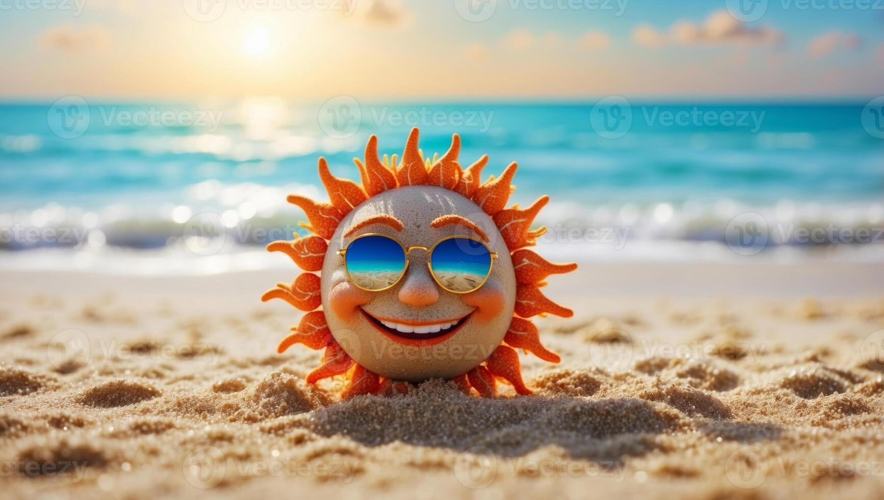 Smiling sun on the sand on tropical beach with blue water of sea or ocean with space for copy. photo