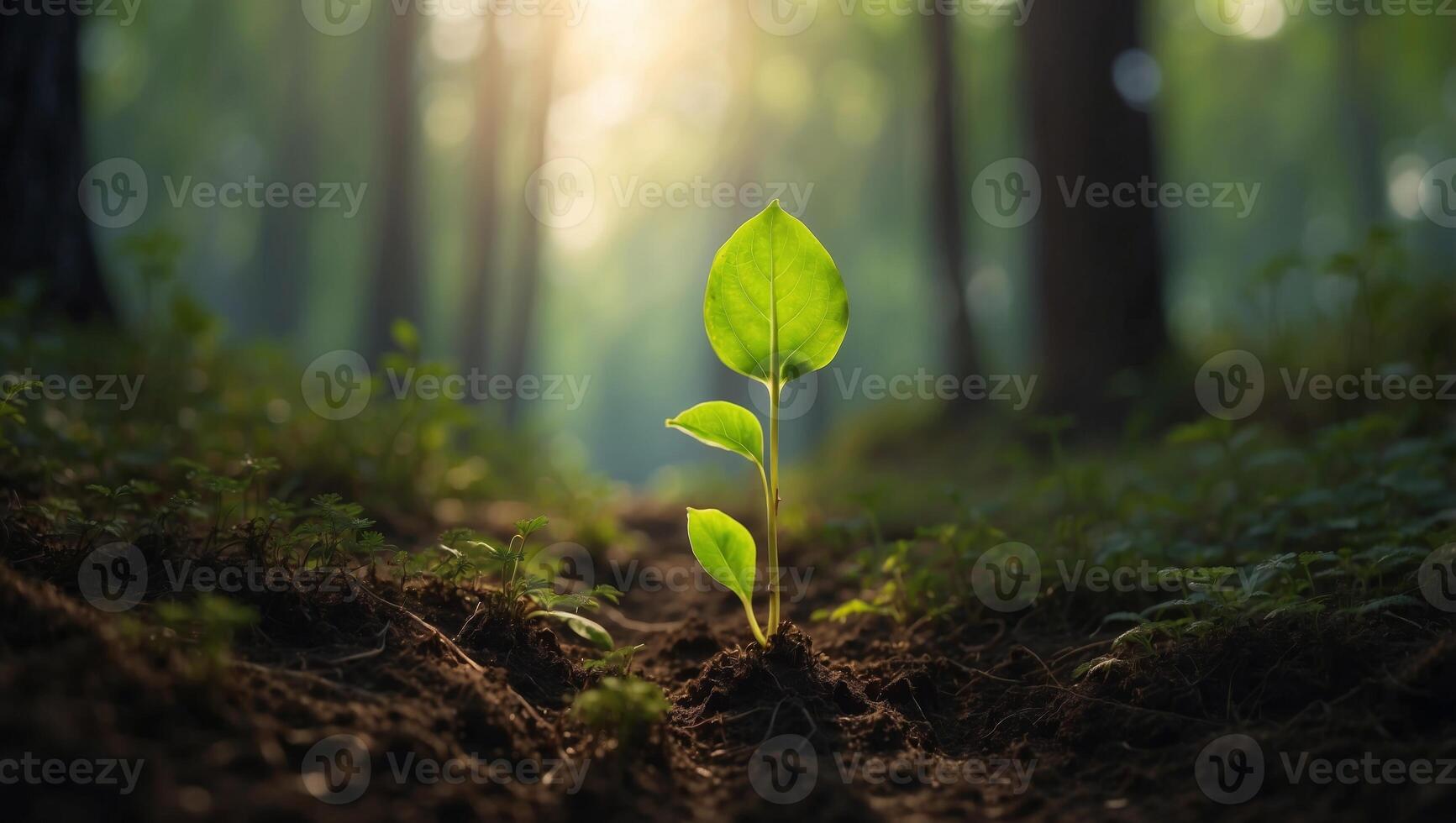 Sprouting Life Vibrant Double Exposure Silhouette of a Seedling Emerging in a Forest Pathway. photo