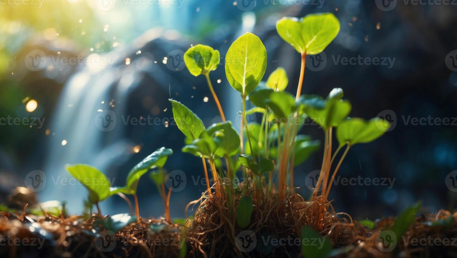 Sprouting Life A Seedlings Vibrant Double Exposure with a Cascading Waterfall. photo