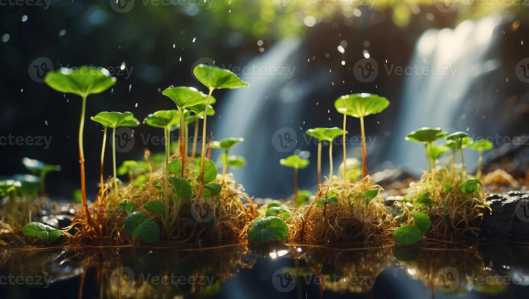 Sprouting Life A Seedlings Vibrant Double Exposure with a Cascading Waterfall. photo