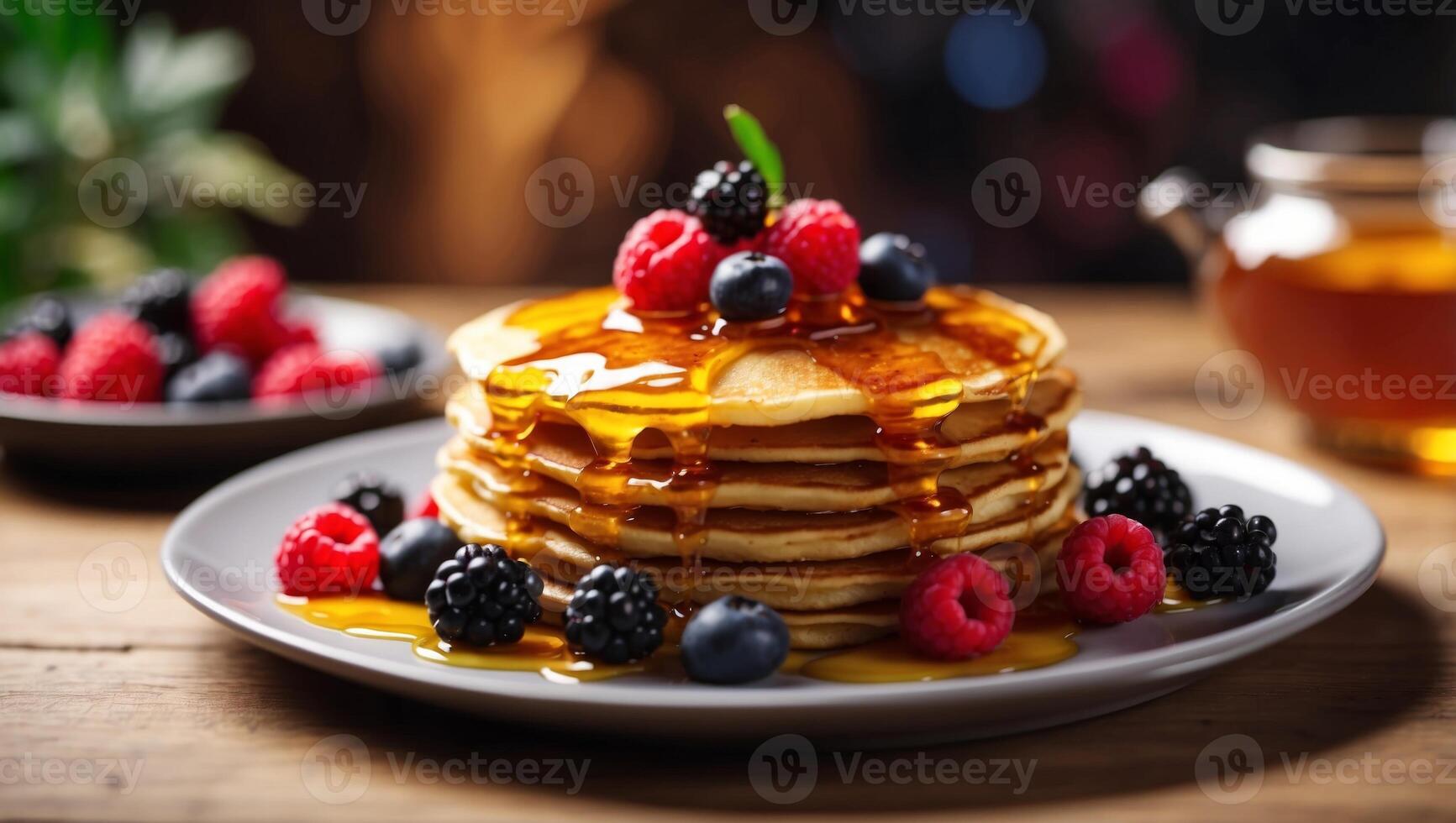 Stack of pancakes with honey sauce and berries on plate, top view angle. photo