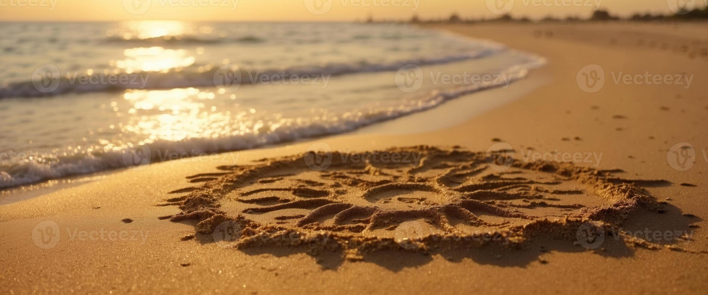 Sun symbol drawing drawn on a beach on the golden sand background with sea wave and foam on summer vacation at the resort. photo