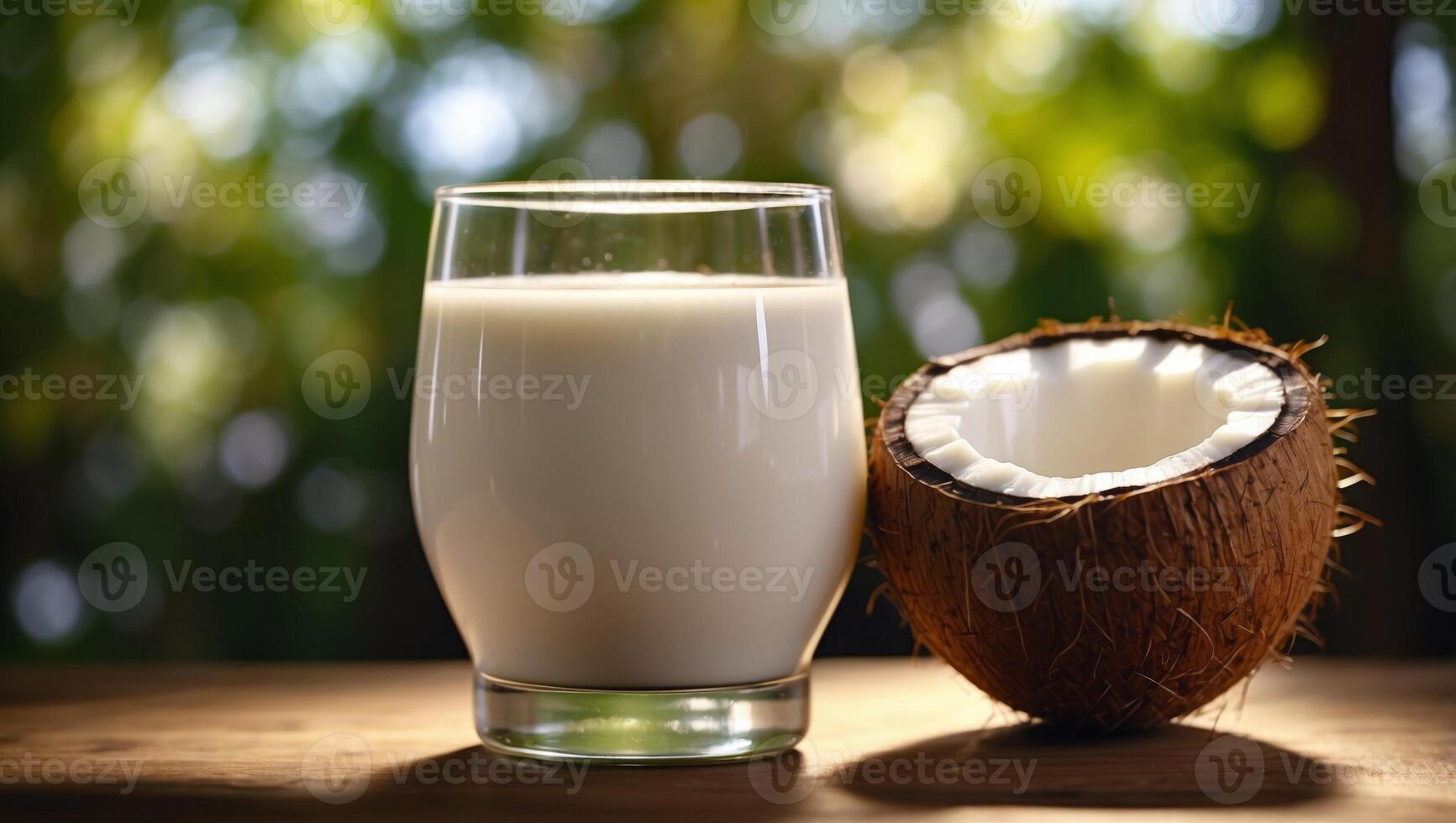 Sunlit Coconut Milk A High Image of a Glass of Natural and Healthy Beverage. photo