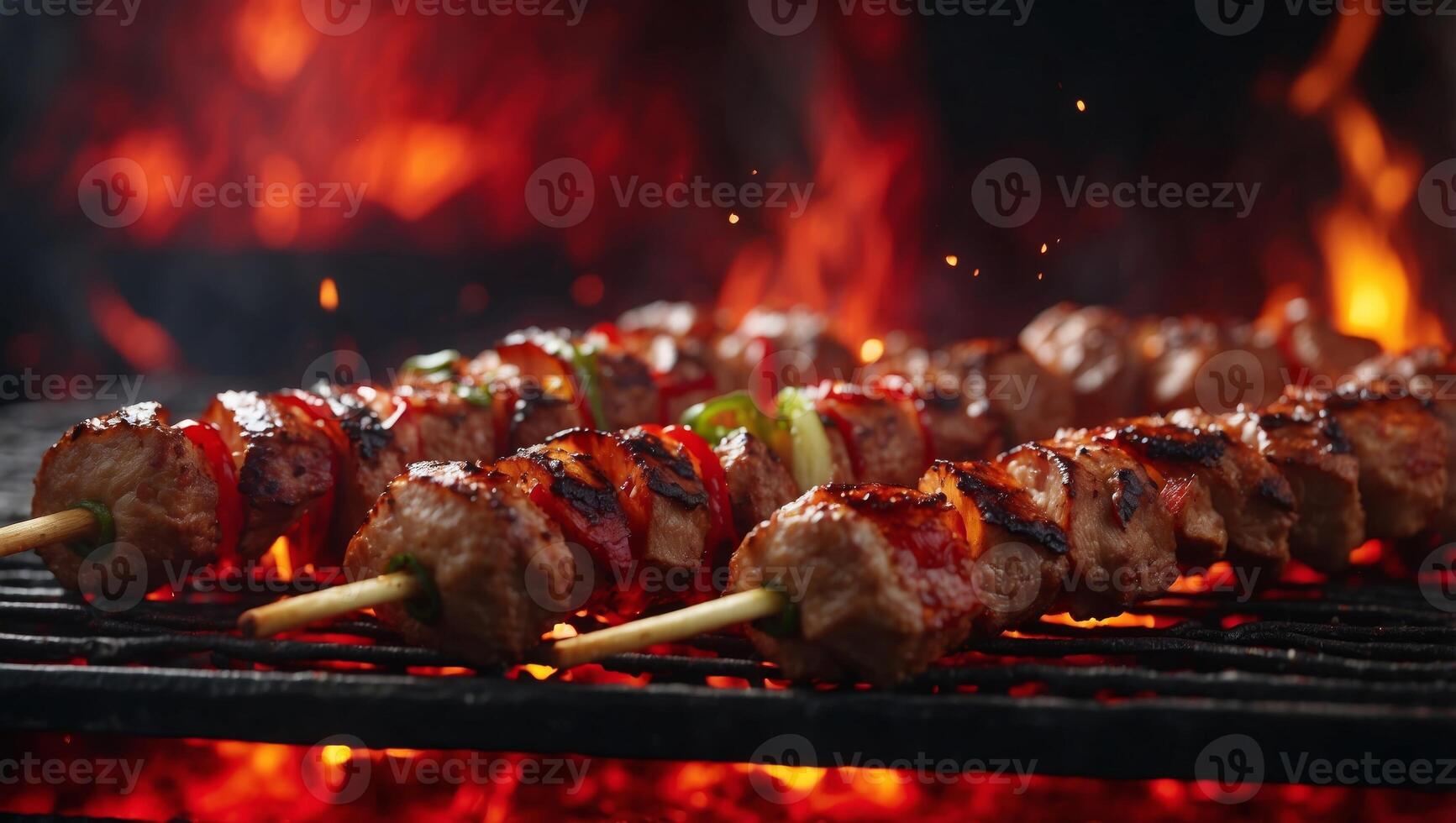 Suspiciously Red D Rendered Kebabs Sizzling Under Flickering Flames on a Hitechnology Background. photo