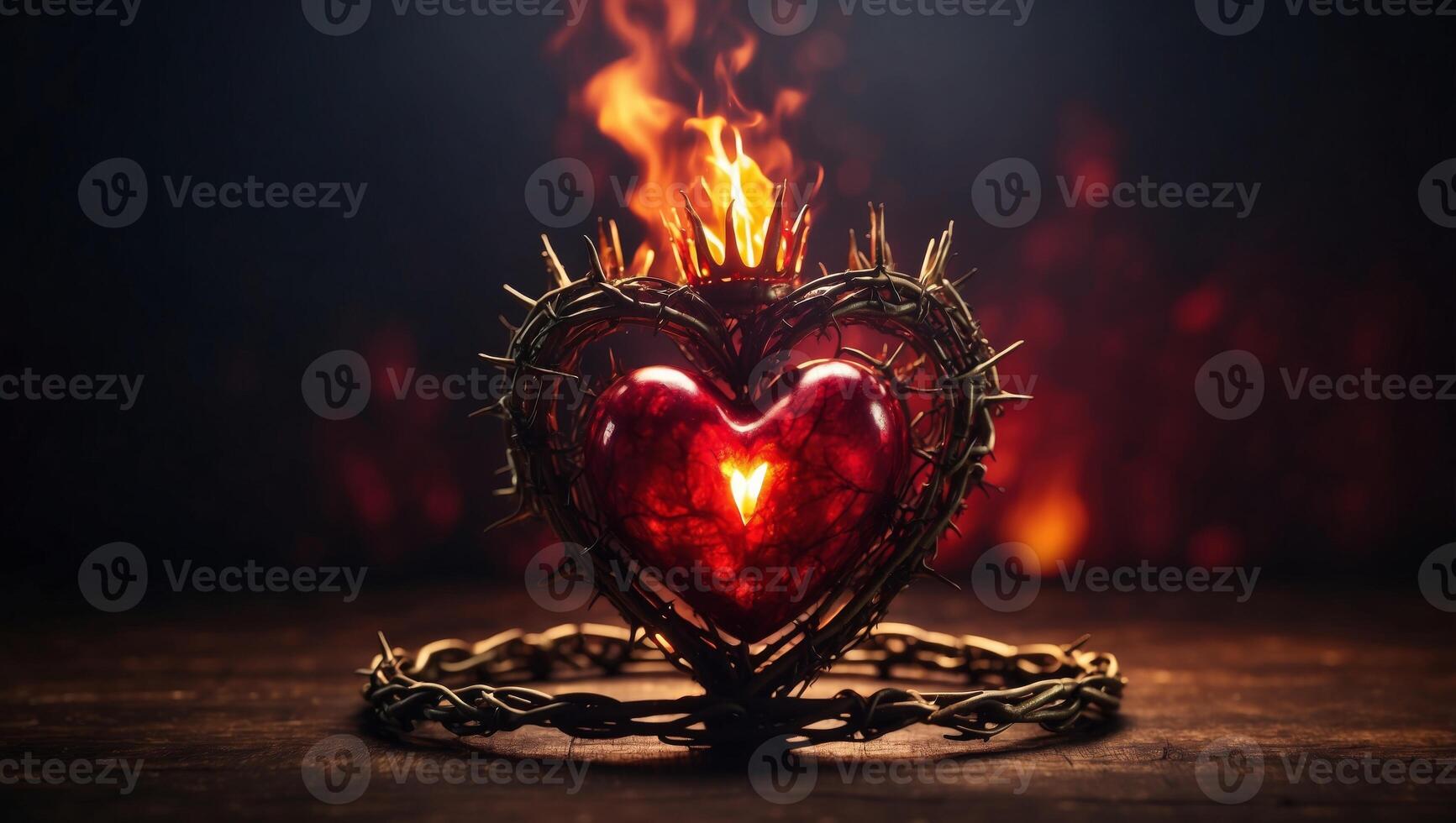 The Sacred Heart, a crown of thorns in the shape of a heart on fire background with copy space. photo