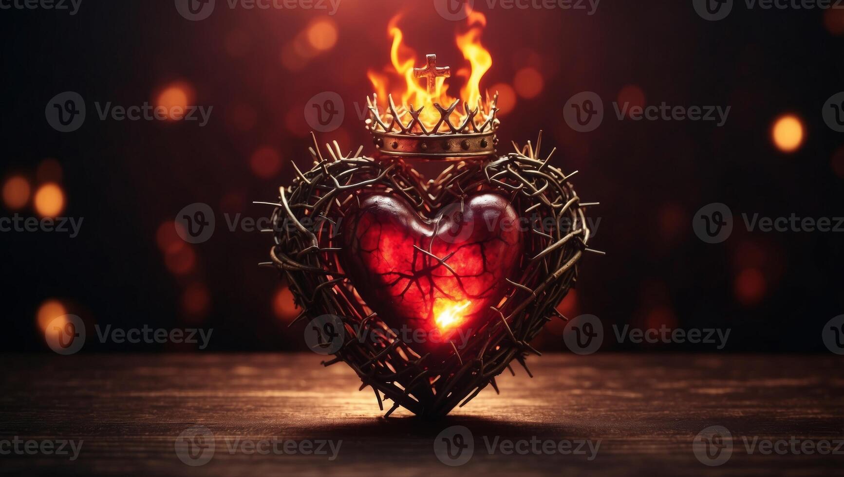 The Sacred Heart, a crown of thorns in the shape of a heart on fire background with copy space. photo