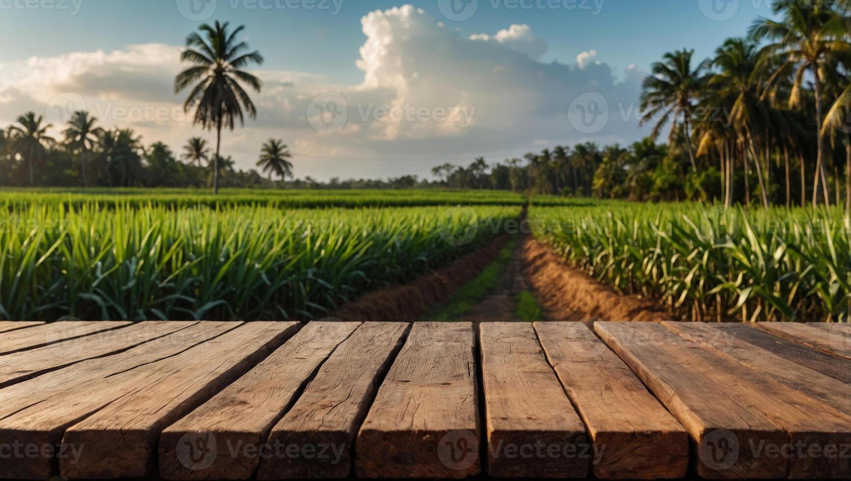 The empty wooden brown table top with blur background of sugarcane plantation Exuberant image , for montage or display products. photo