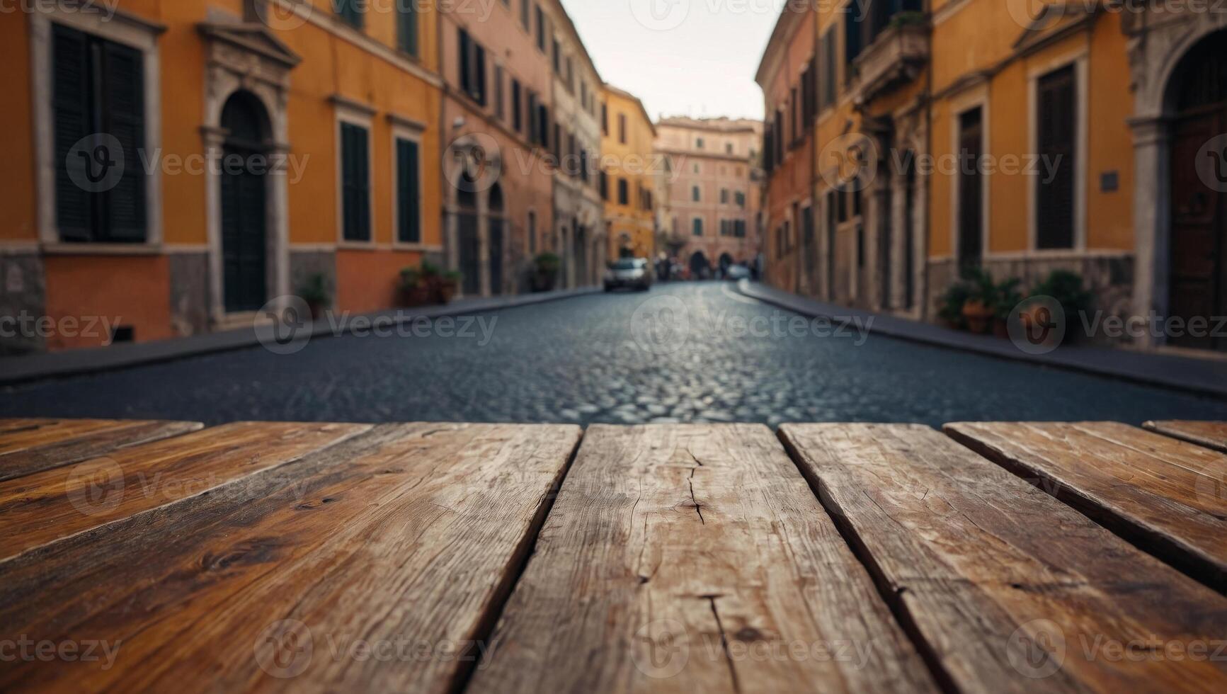 The empty wooden table top with blur background of Rome Exuberant image. photo