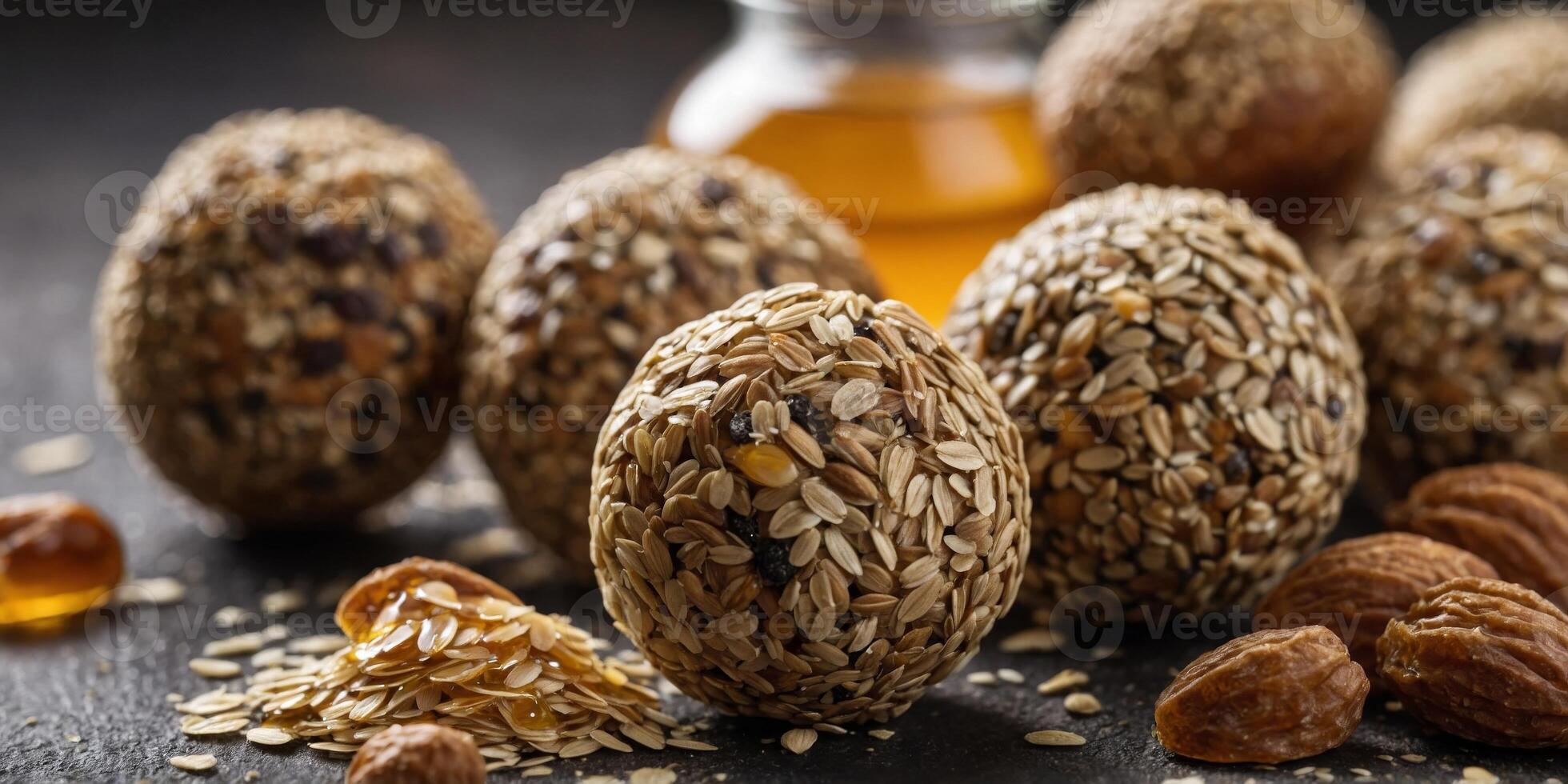 A closeup of the ingredients used in the energy balls including oats honey and chia seeds further emphasizing their nutritious properties. photo