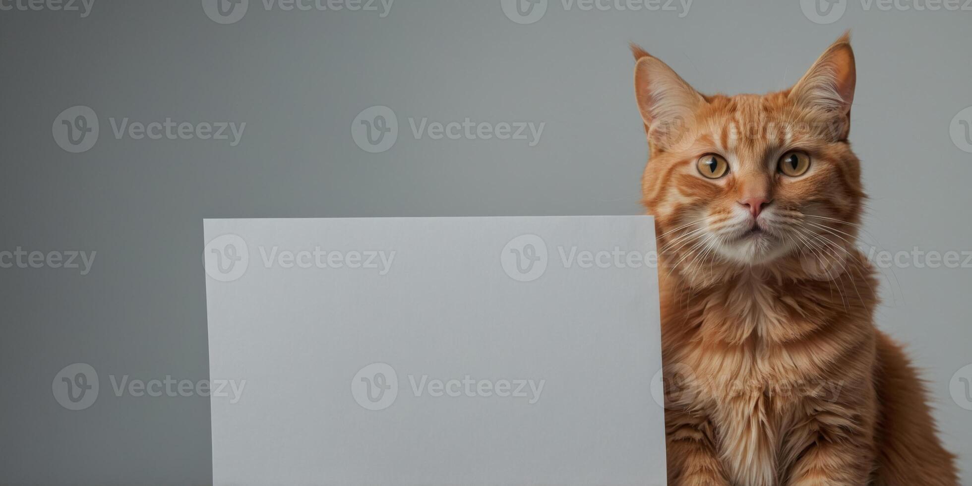 A funny red cat with glasses holds a blank white banner. photo