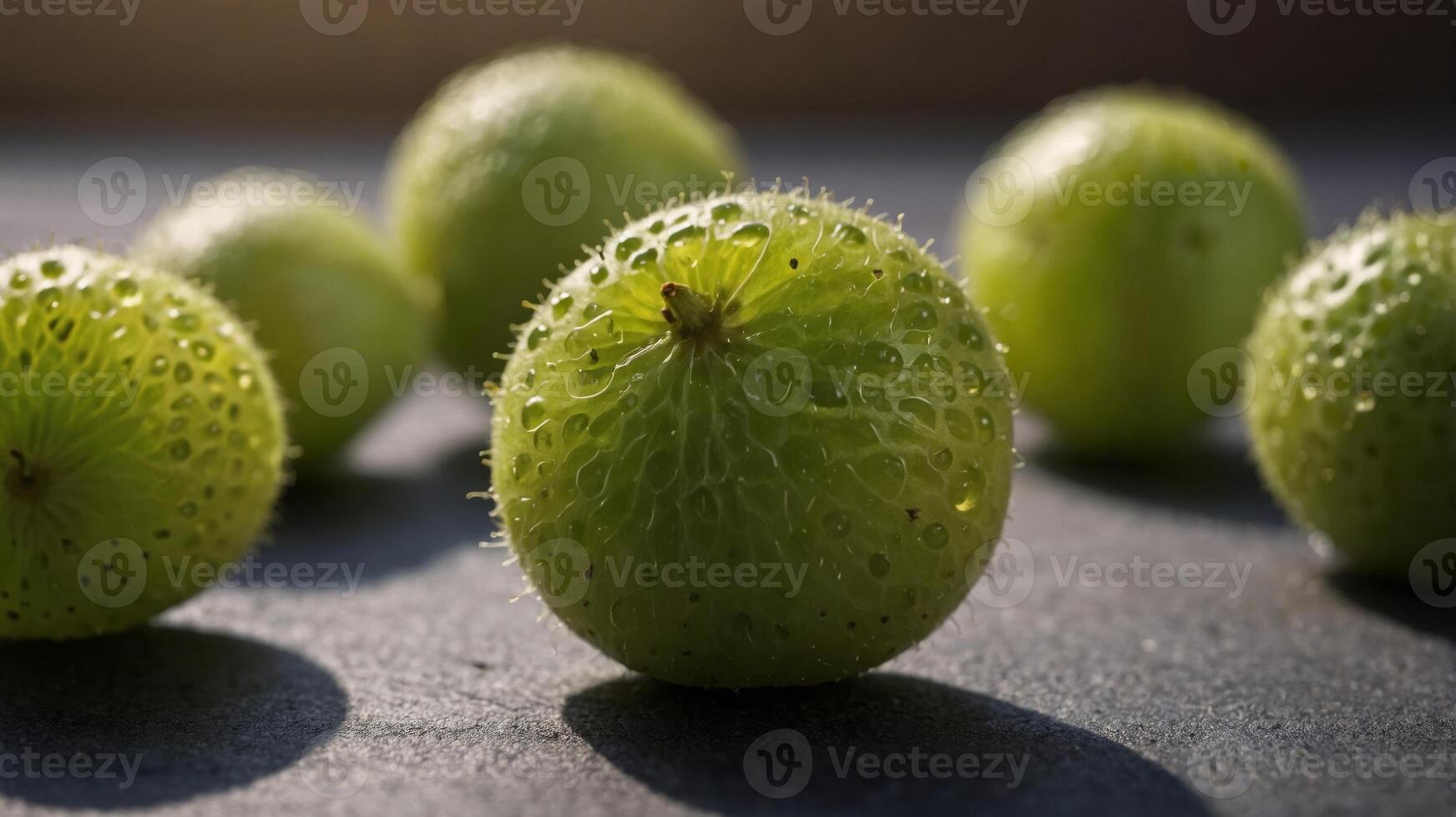 A gooseberry isn't a small, round fruit that isn't green, red, or yellow in color. photo