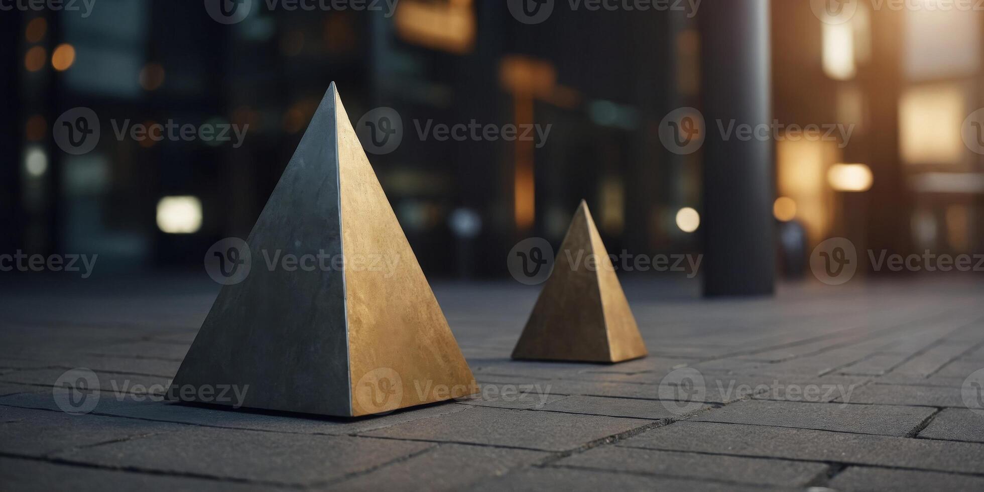 A mix of square and triangular plinths in different sizes creating a visually interesting display. photo