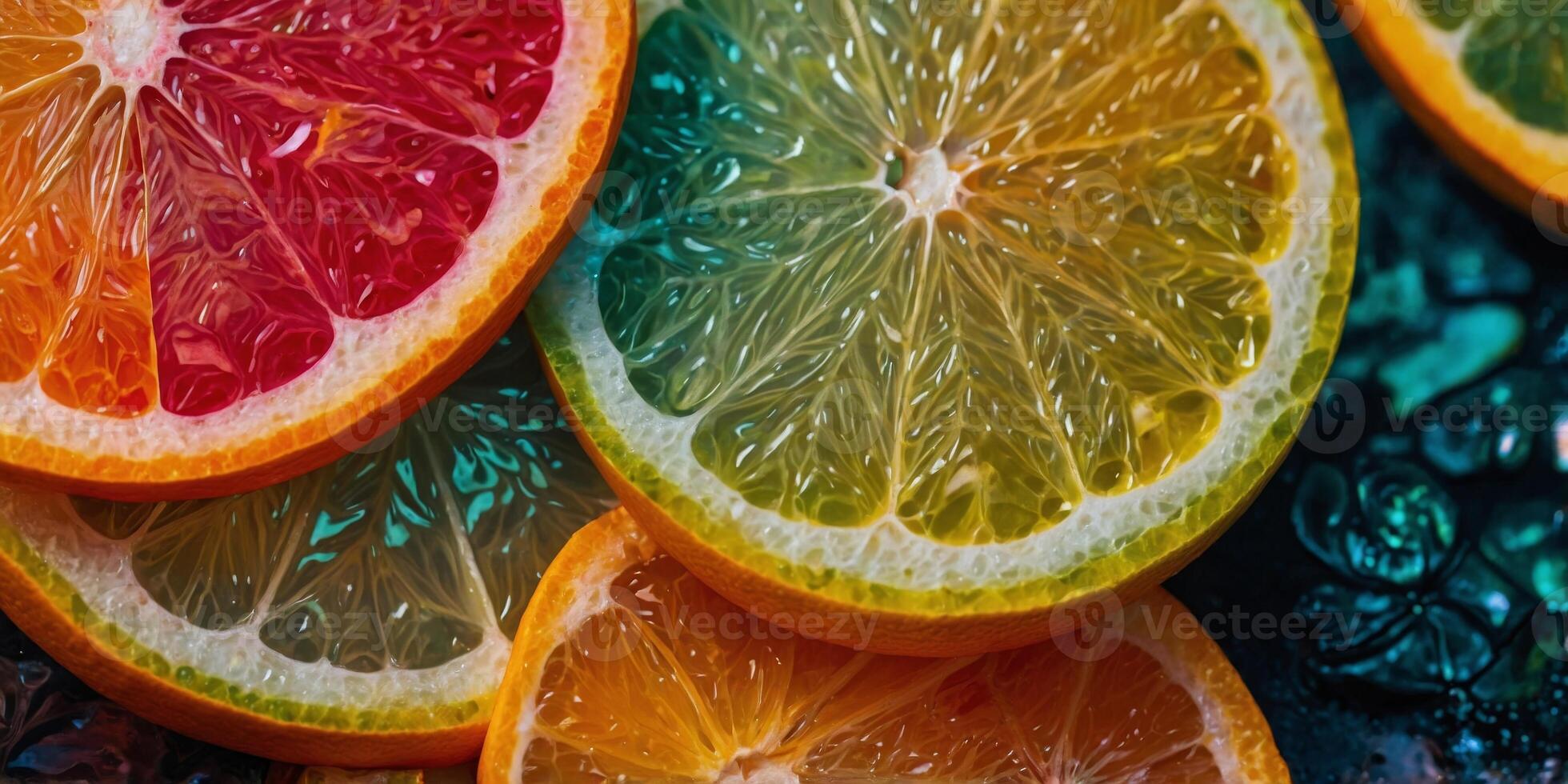 Close-up image of neon-colored citrus fruit slices with a psychedelic, glowing effect. photo