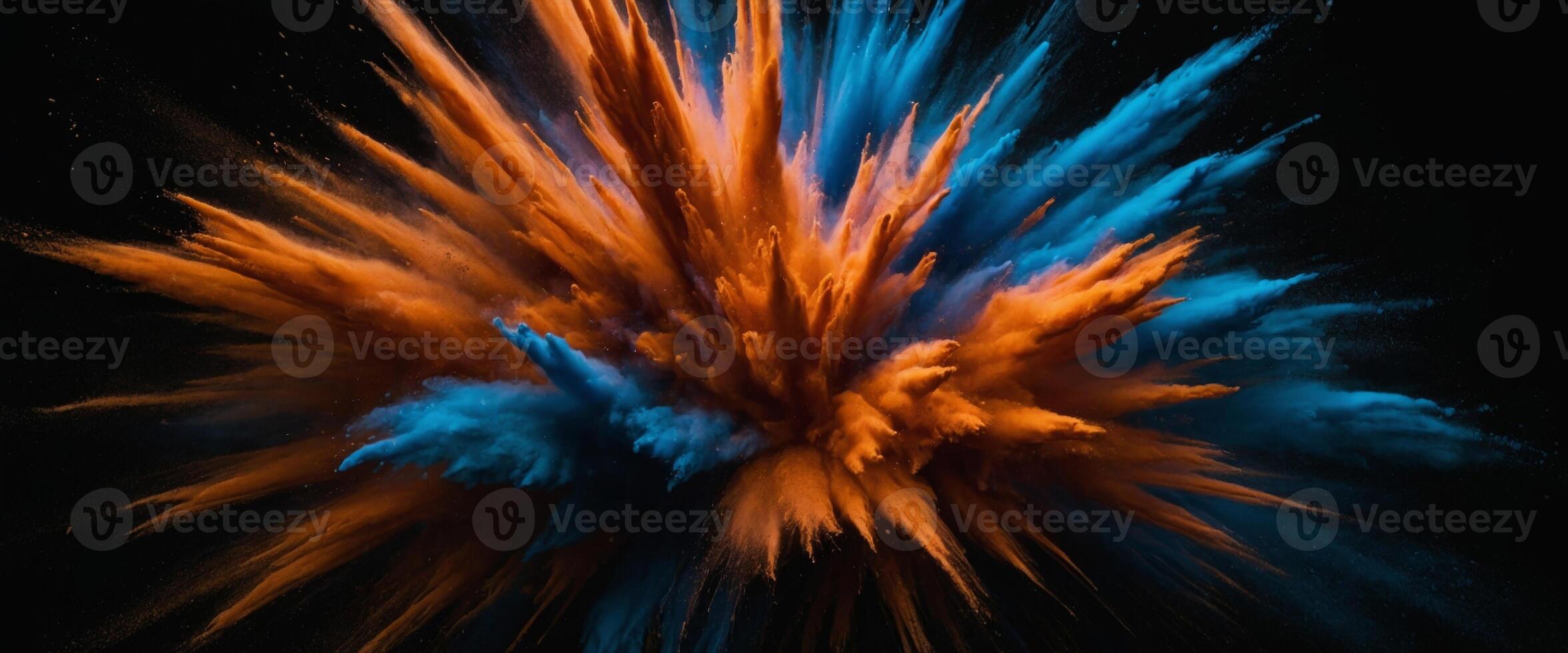 Colored Powder Explosion Speed Motion Radial Orange Blue Abstract on Black Background. photo