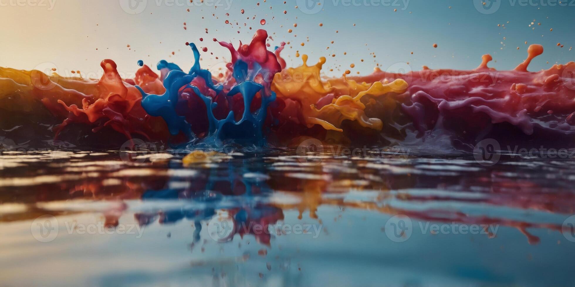 Colors pouring from the wall with reflection in the water on the ground. photo