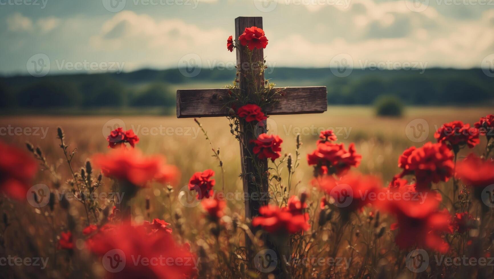 Cross with red flowers in the field, retro toned image. photo