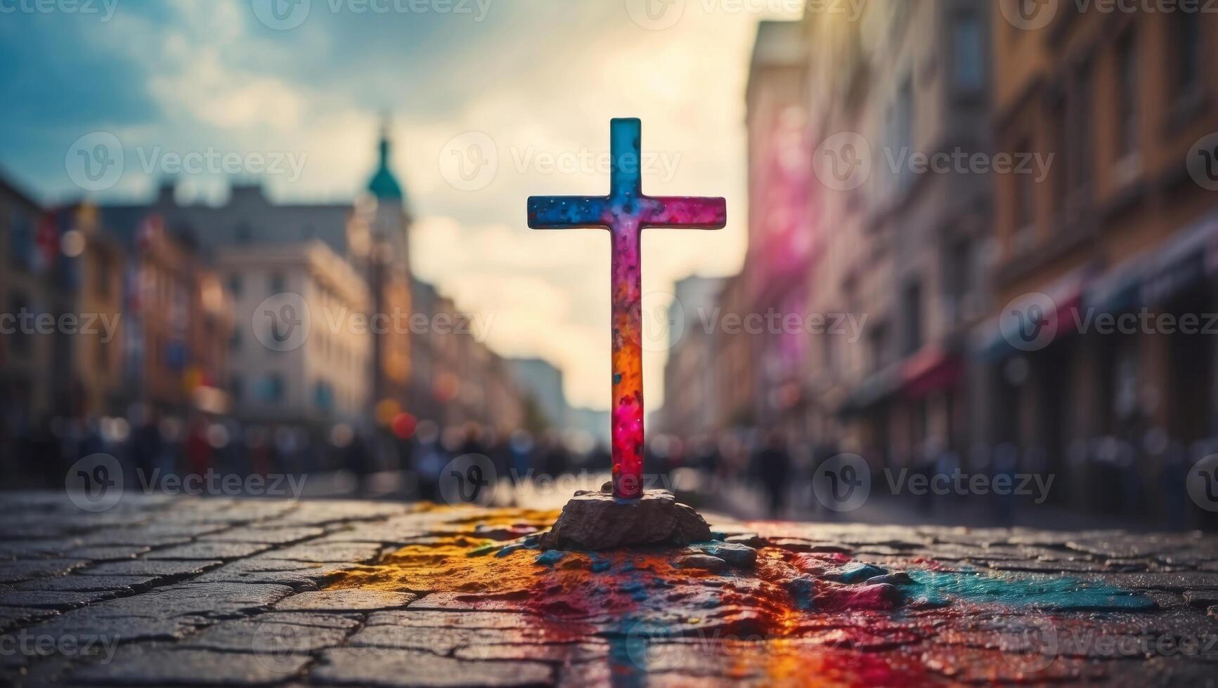 Cross over a cityscape with colorful watercolor splashes Christian concept. photo