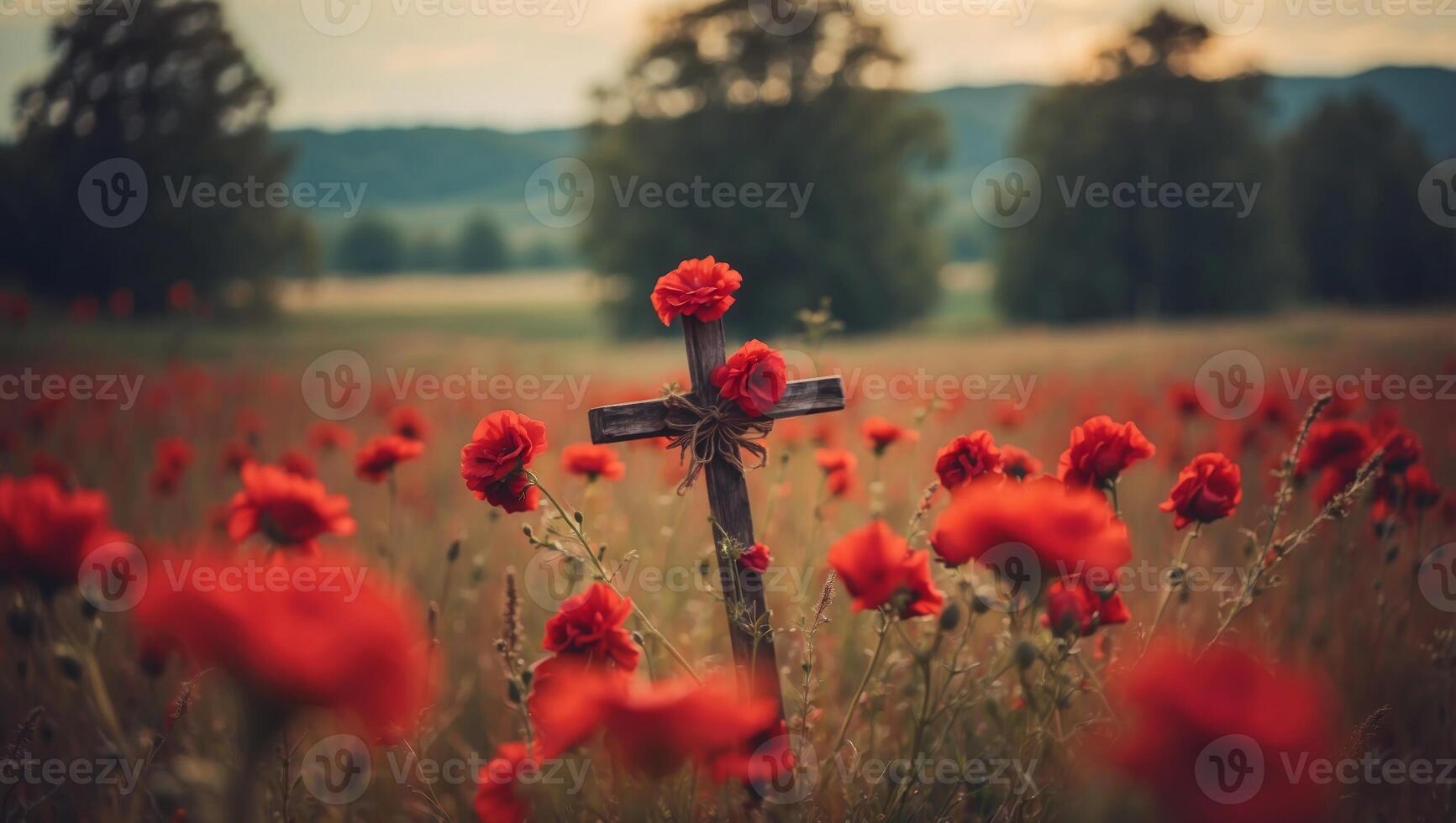 Cross with red flowers in the field, retro toned image. photo