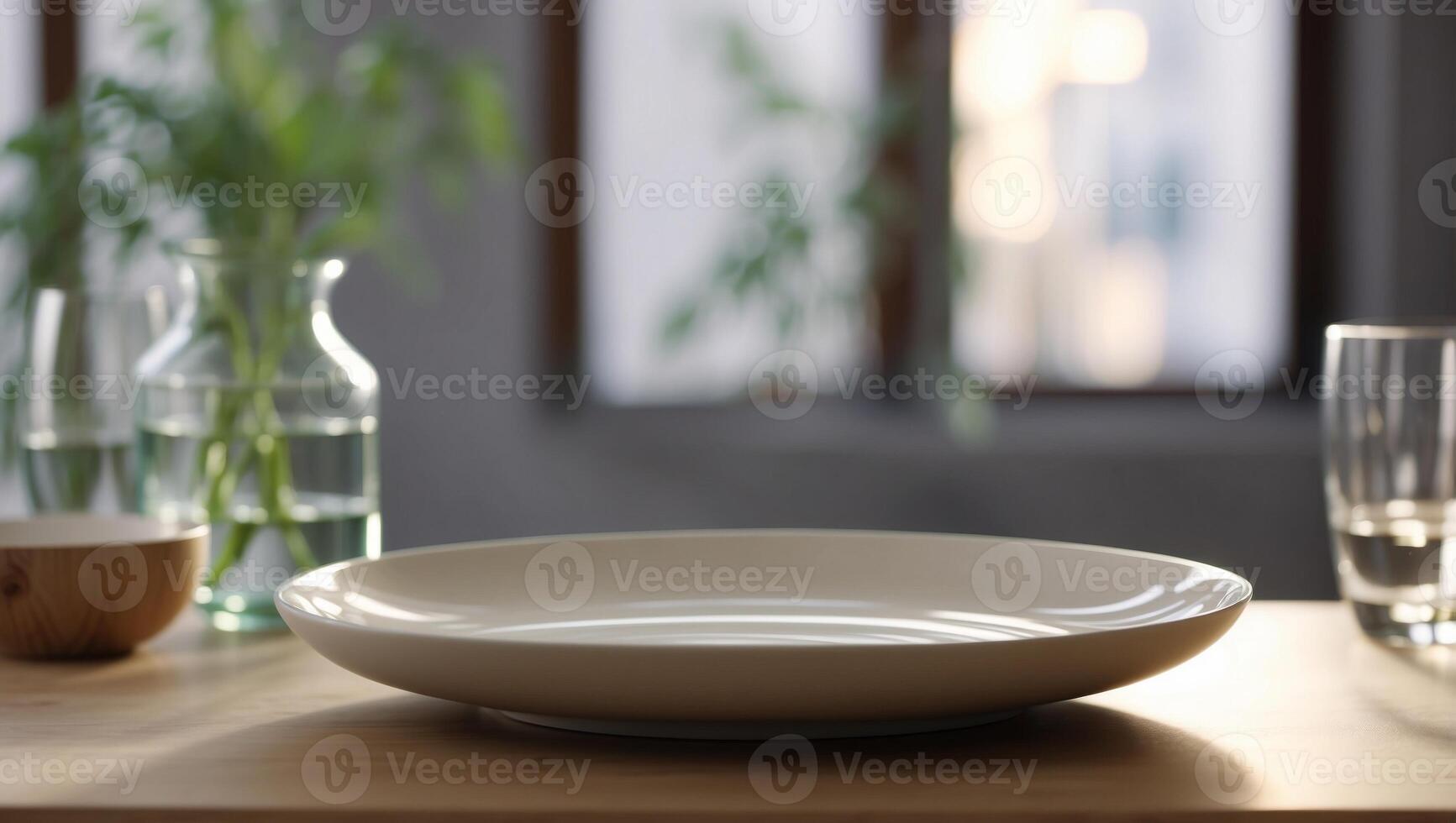 Elegant Tableware A High Photo of a Stylish Plate on a Sleek Kitchen Counter Basking in Bright Natural Light.