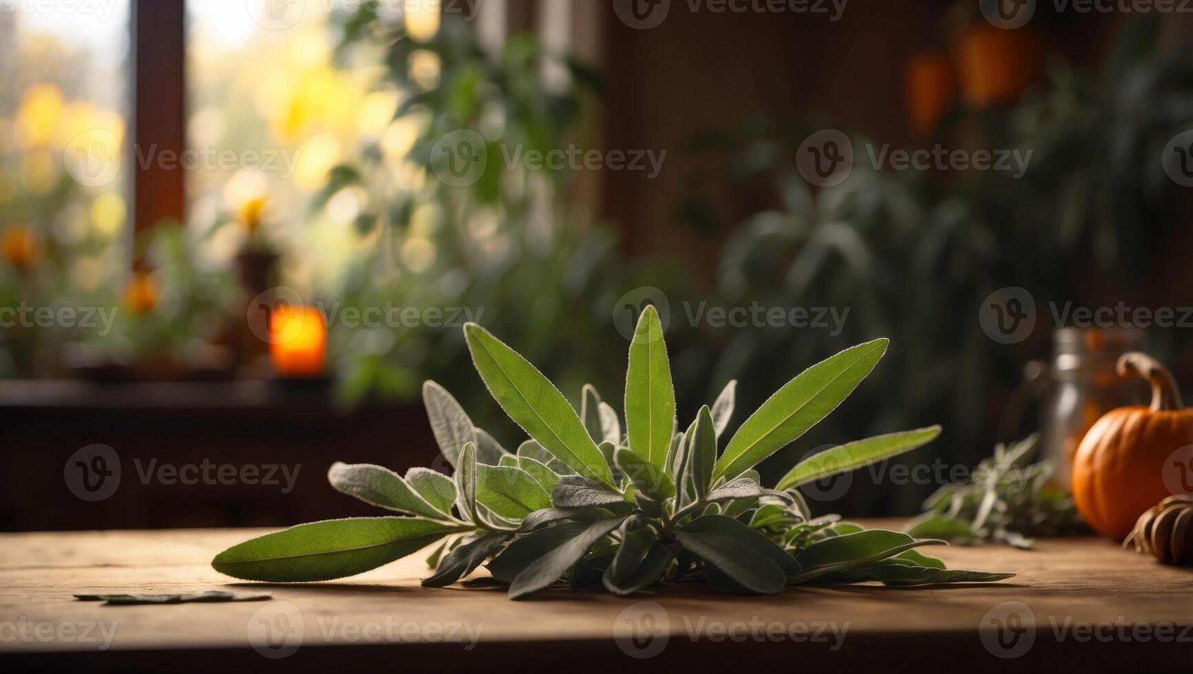 Fragrant Sage Leaves Silhouetted on Table A Vibrant Autumn Recipes Star Ingredient. photo