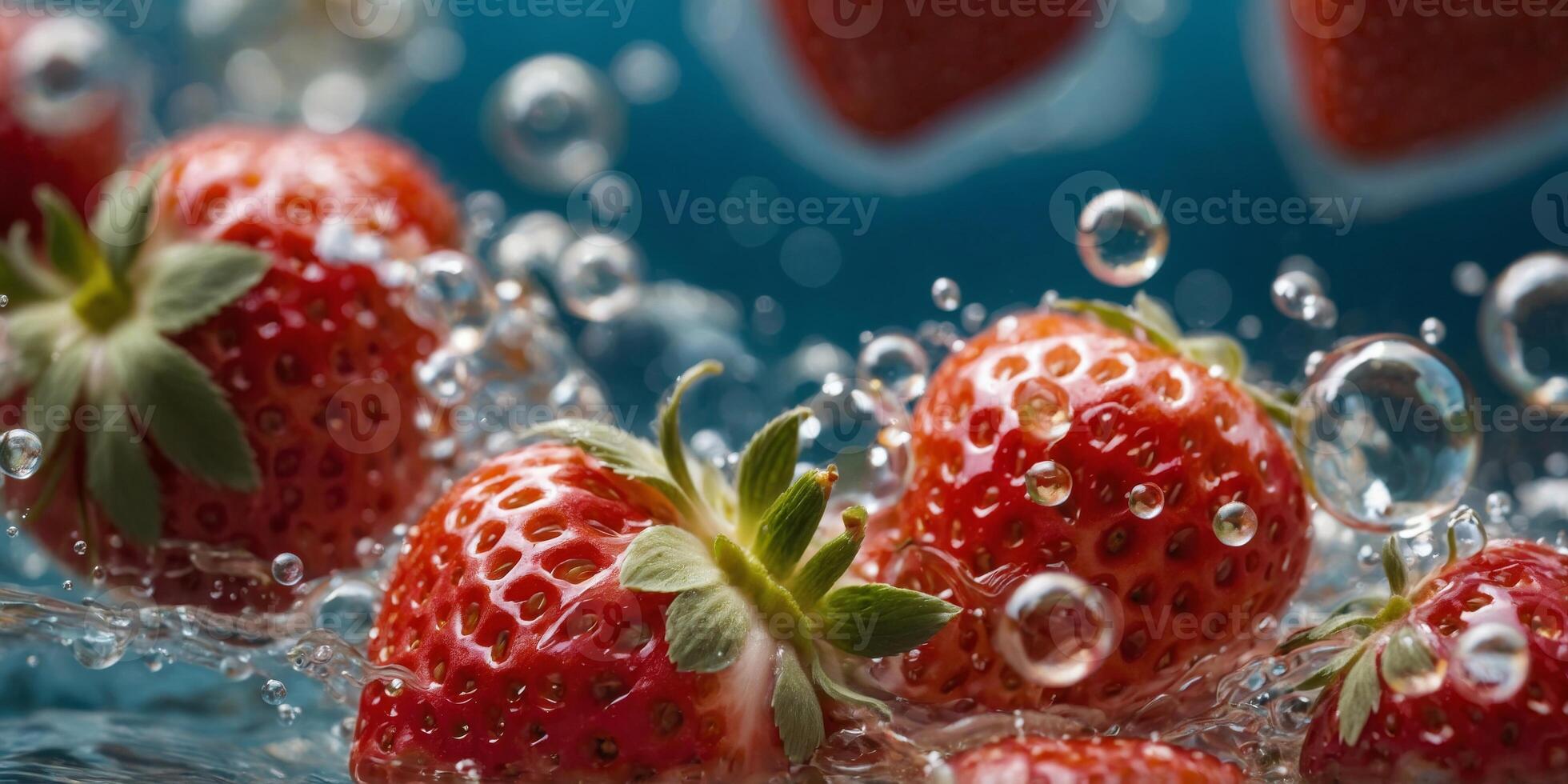 Fresh strawberries float amidst bubbles in clear water, representing freshness and purity in a vibrant close-up shot. photo