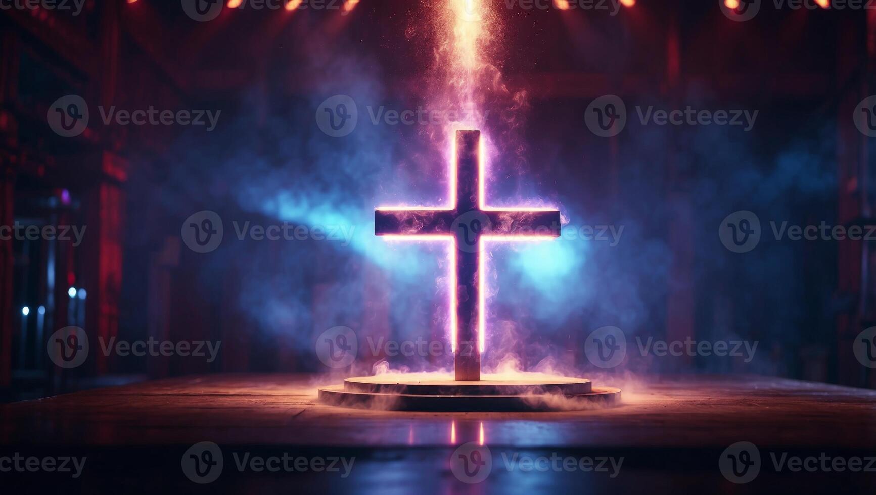 Glowing neon cross on stage with smoke and rays of light. photo