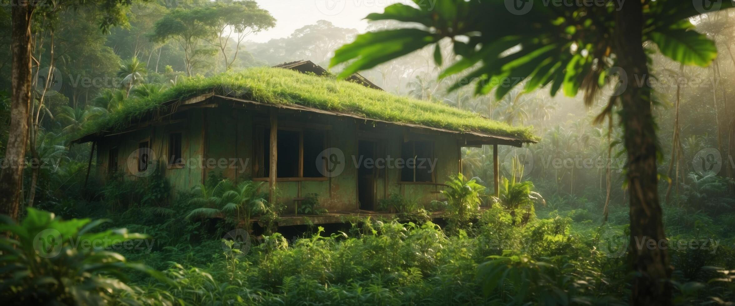 Lush green vegetation in jungle in morning sunlight Dense tropical forest Abandoned hut in jungle. photo
