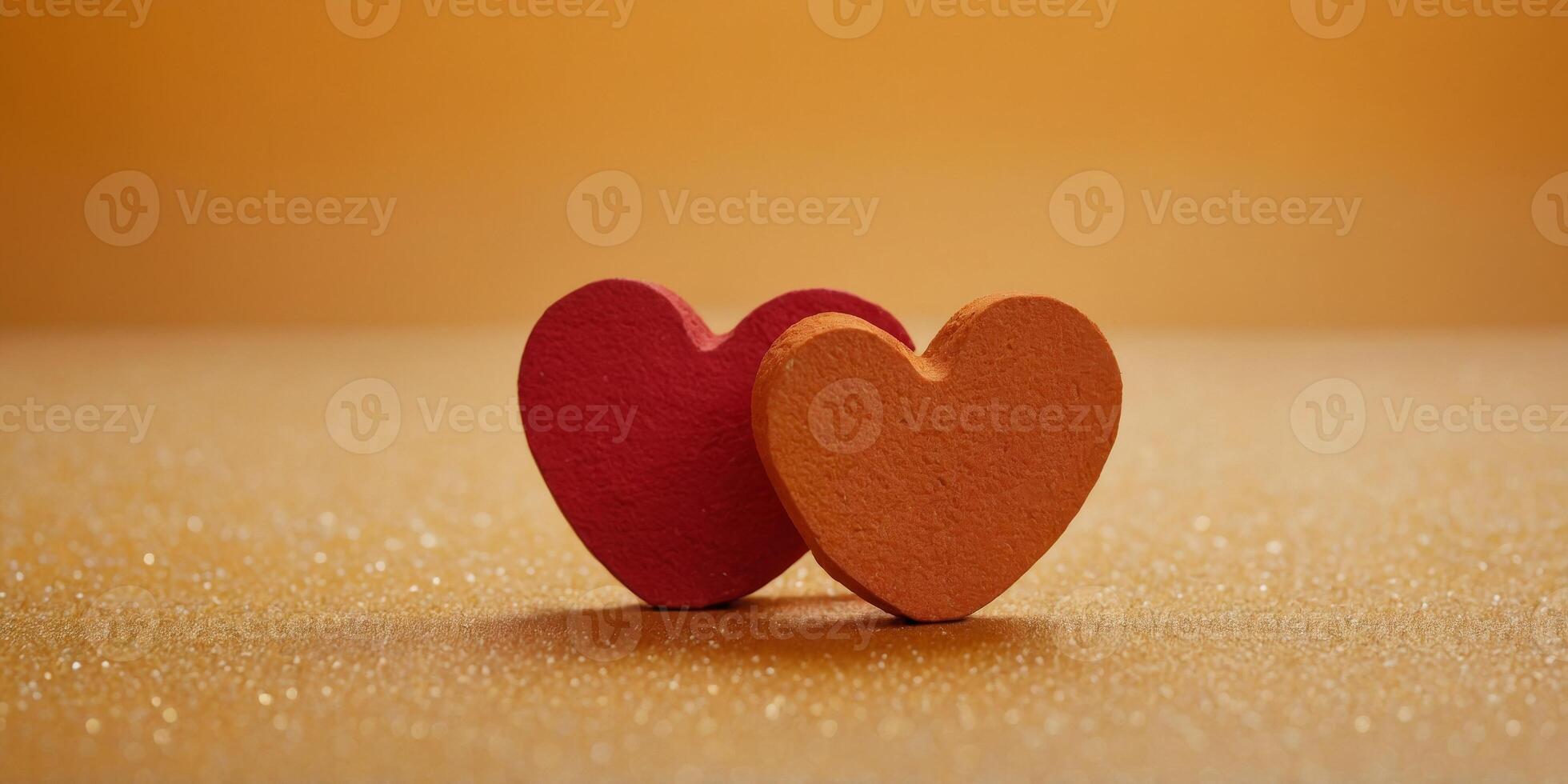 Red hearts on orange and yellow background Love or Valentine's day concept Minimal, flat lay. photo