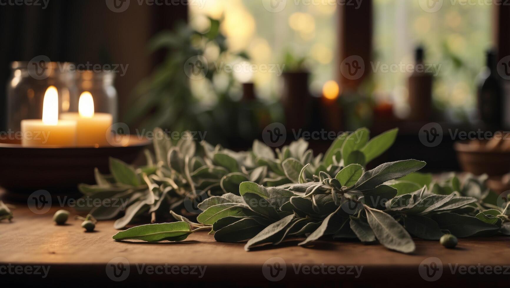 Sage Leaves on Table A Fragrant Silhouette Amidst Autumn Recipes. photo