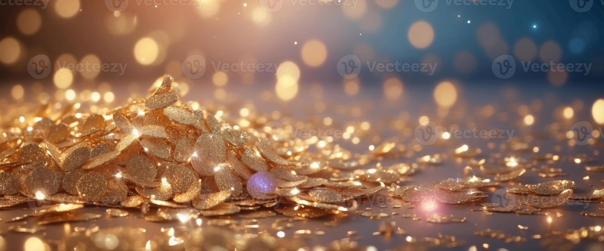Sparkling background with sequins Glitter light golden luxury magic background, de-focused, free space, gentle pastel shades. photo