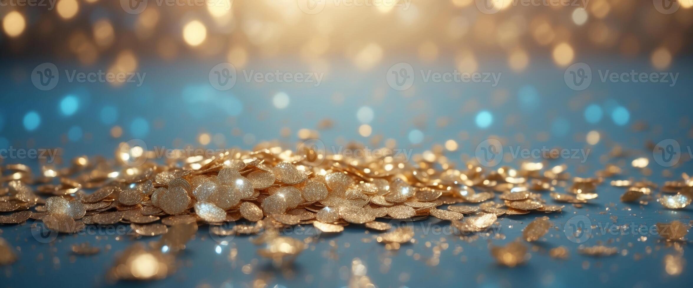 Sparkling background with sequins Glitter golden light blue colour luxury magic background, de-focused, free space, gentle pastel vintsge shades. photo