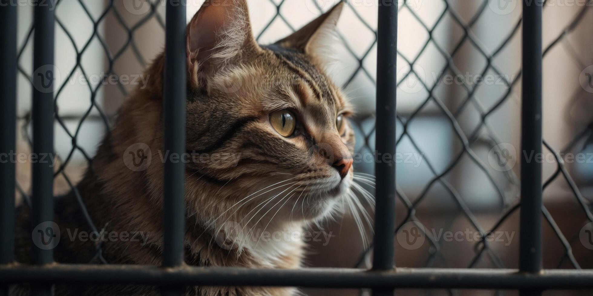 The muzzle of a sad cat is visible through the bars of the pet shelter. photo