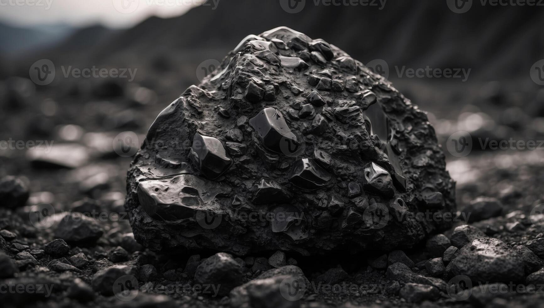 Volcanic Obsidian Rock A Monochrome Emblem of Raw Earthly Power in CloseUp. photo