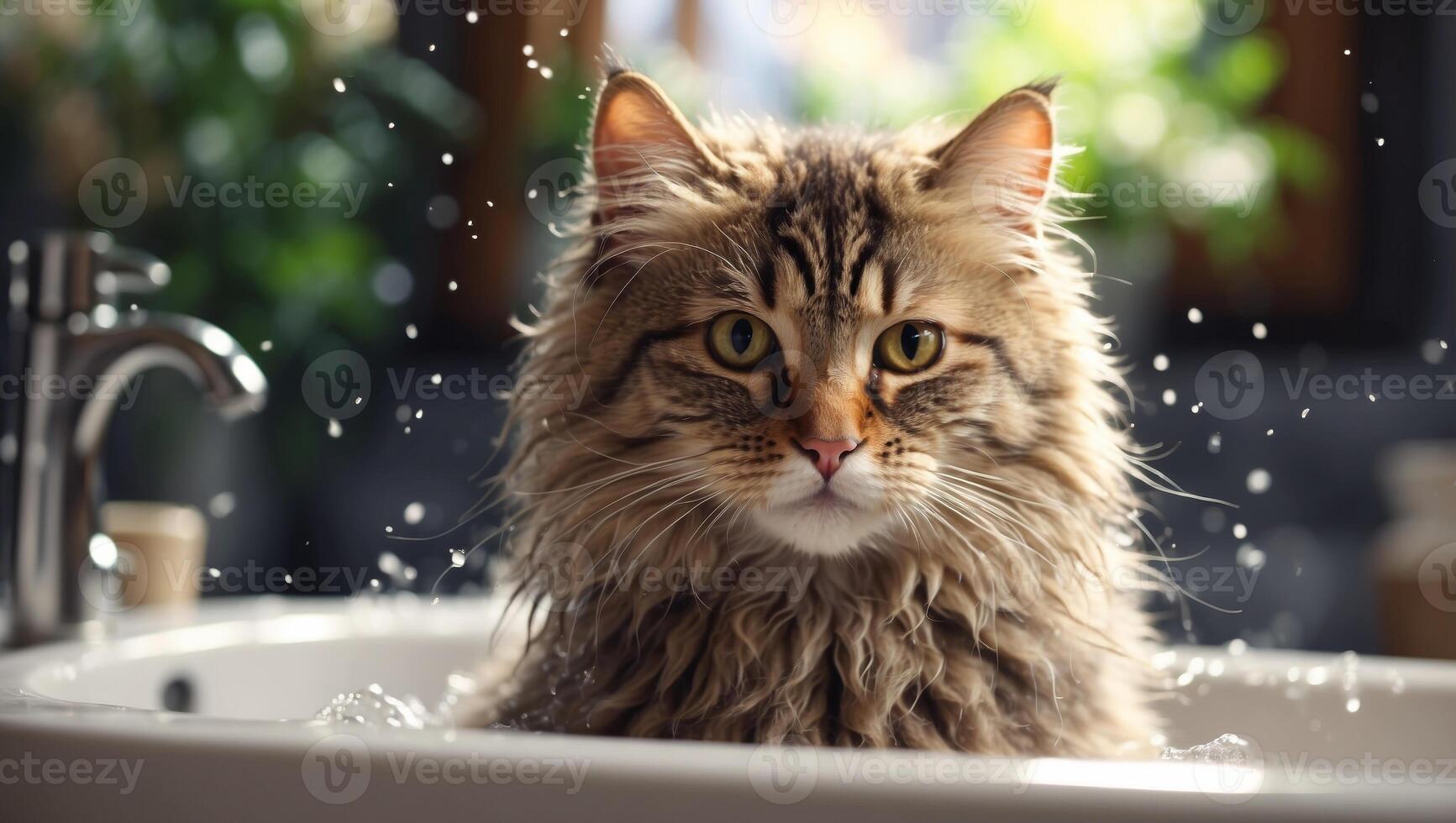 Washing cute fluffy cat in bath Cat taking bath. photo