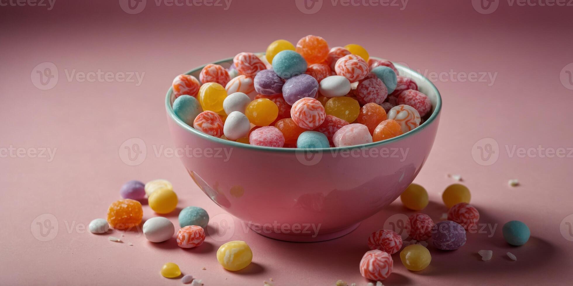 a bowl of different candies on a pink studio background. photo