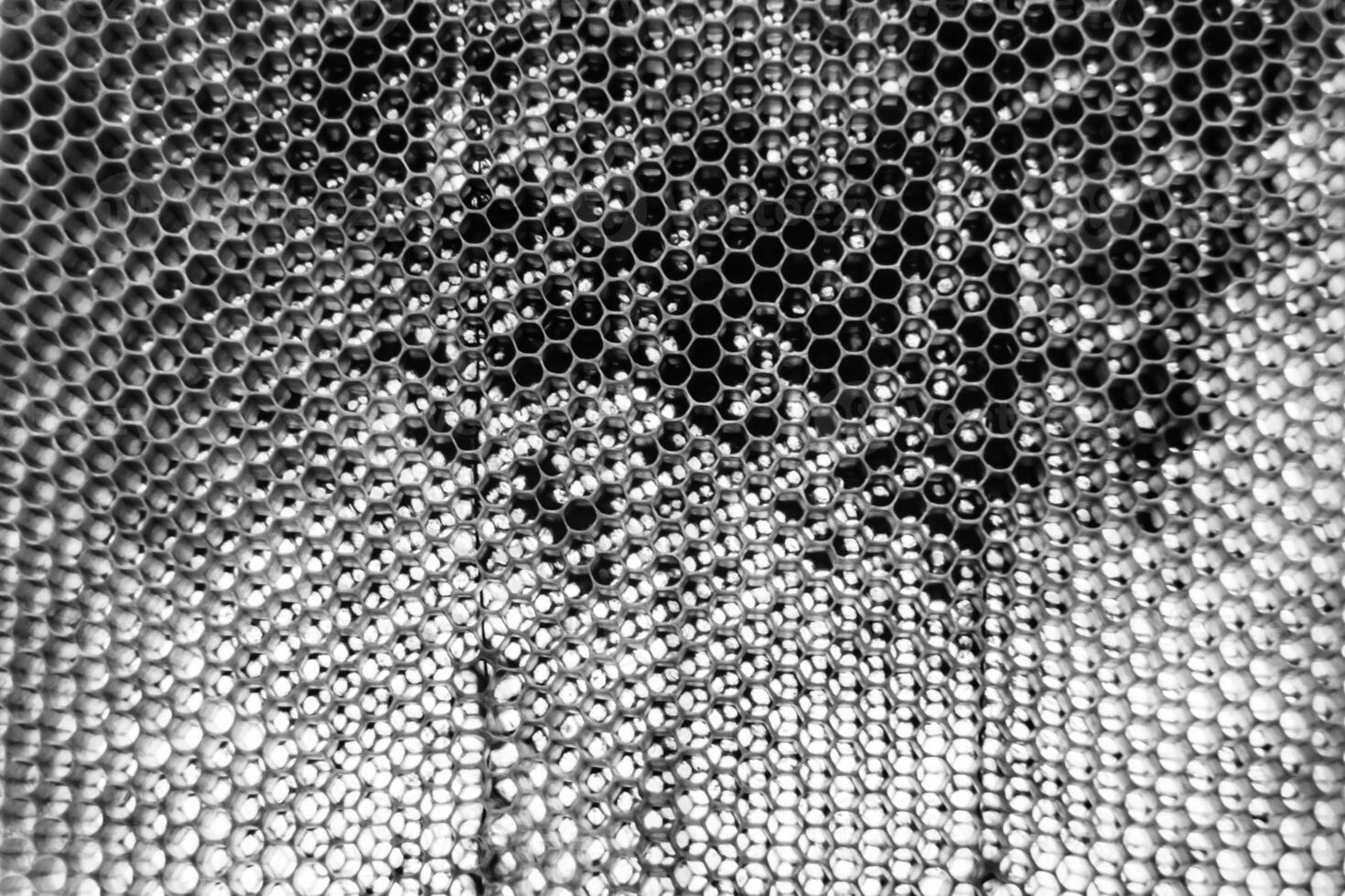 Drop of bee honey drip from hexagonal honeycombs filled with golden nectar photo