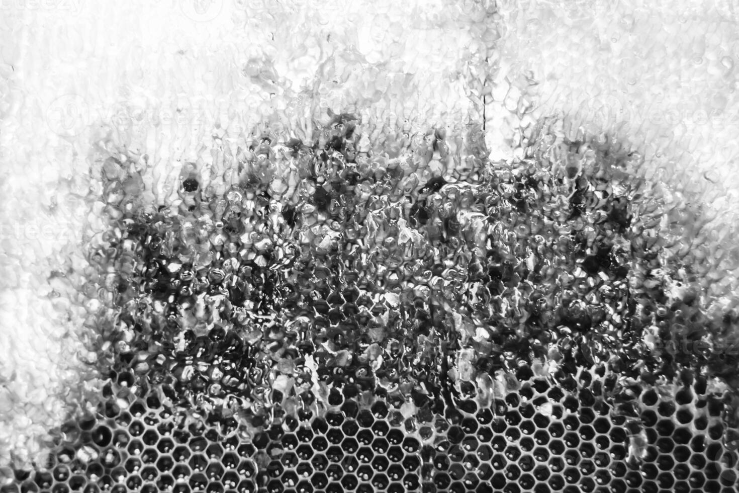 Drop of bee honey drip from hexagonal honeycombs filled with golden nectar photo