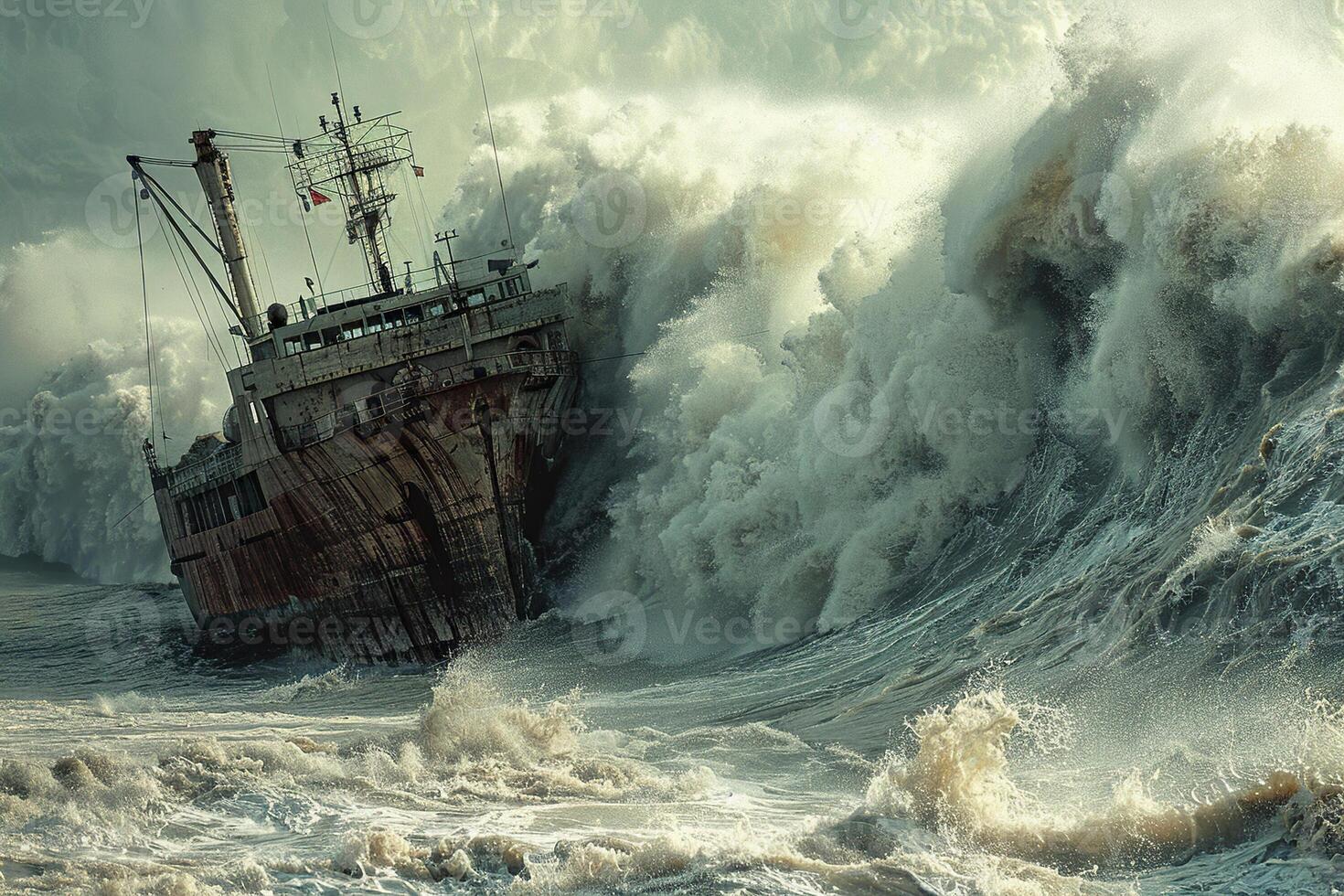 Scary tsunami with huge foamy wave, apocalyptic dramatic background photo