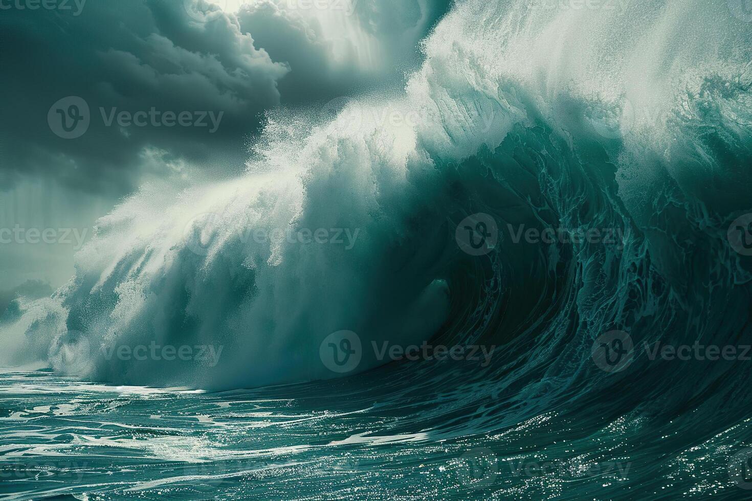 Scary tsunami with huge foamy wave, apocalyptic dramatic background photo