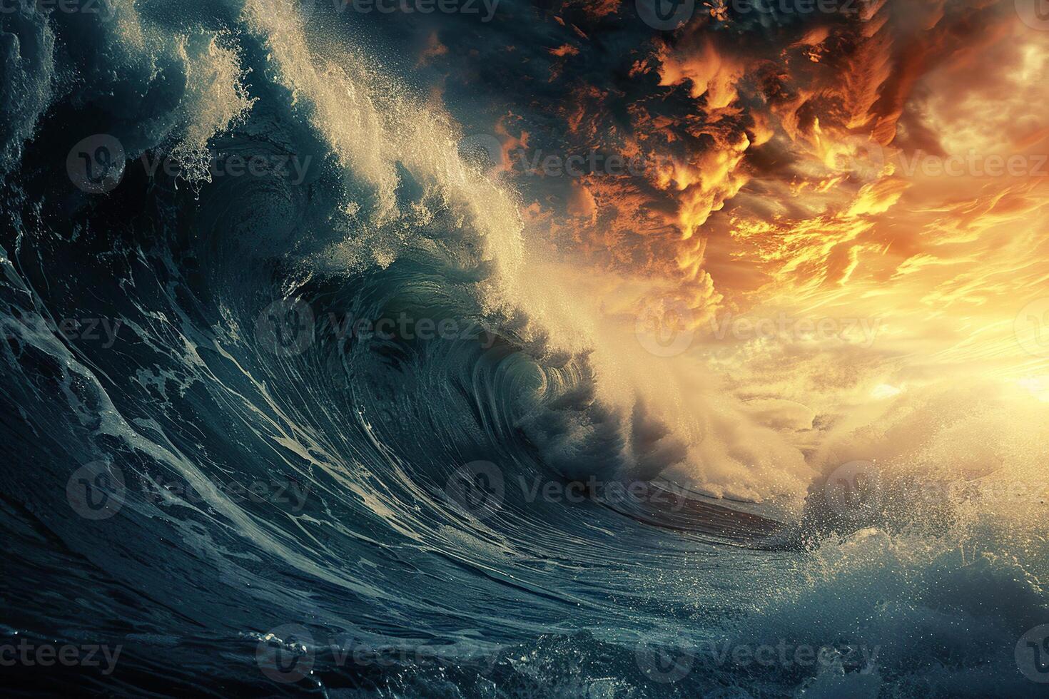 Scary tsunami with huge foamy wave, apocalyptic dramatic background photo
