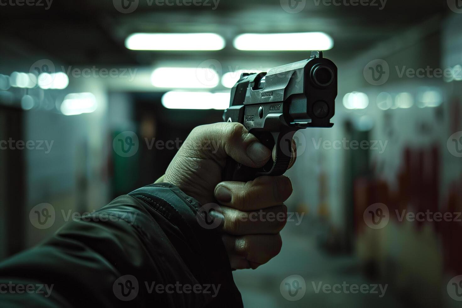 Man aims through the sight of combat metal pistol to hit the target photo