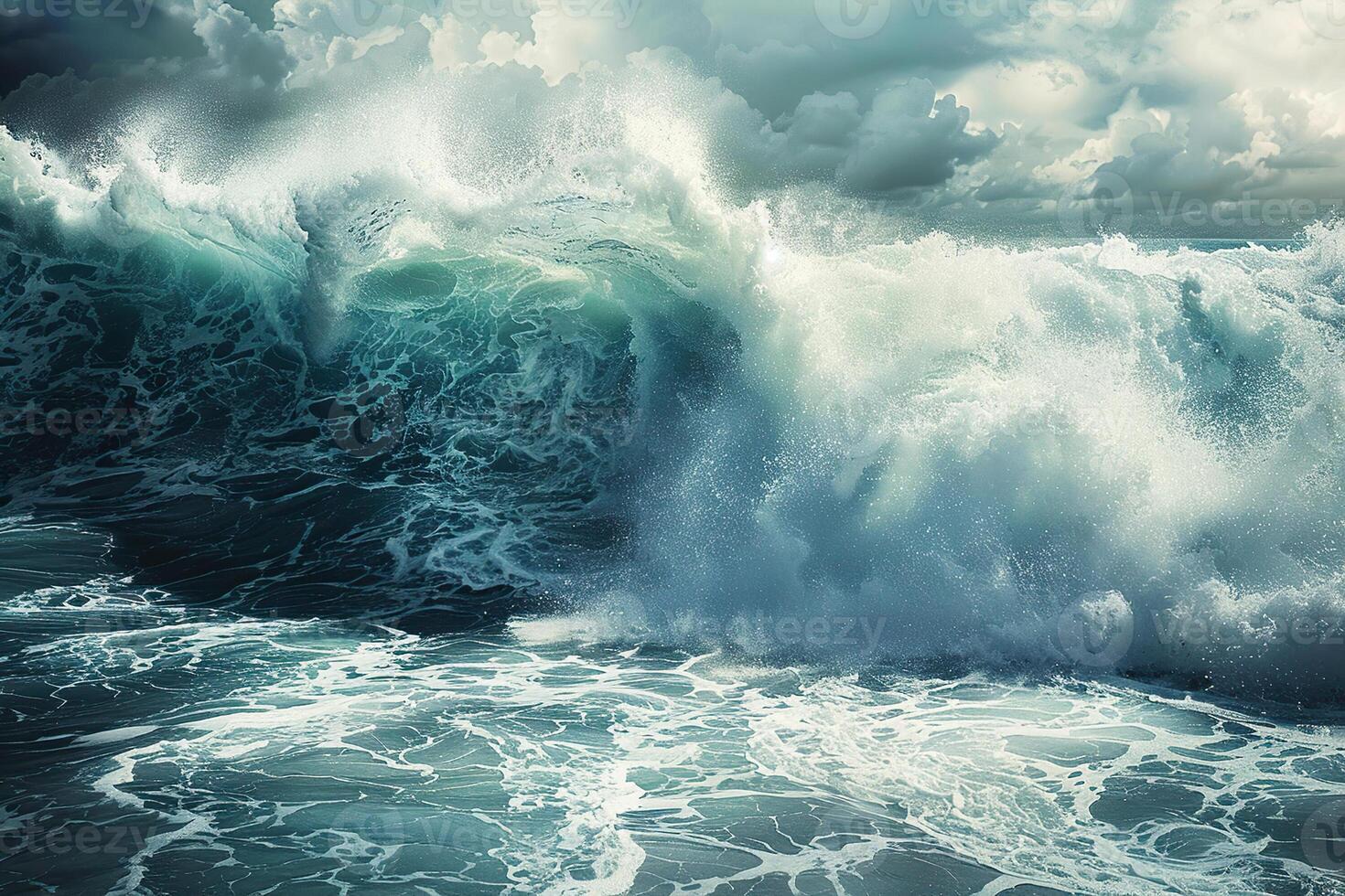 Scary tsunami with huge foamy wave, apocalyptic dramatic background photo