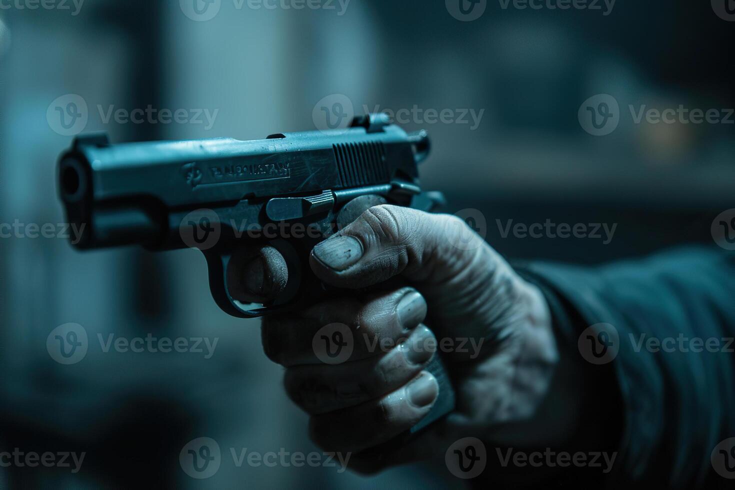 Man aims through the sight of combat metal pistol to hit the target photo