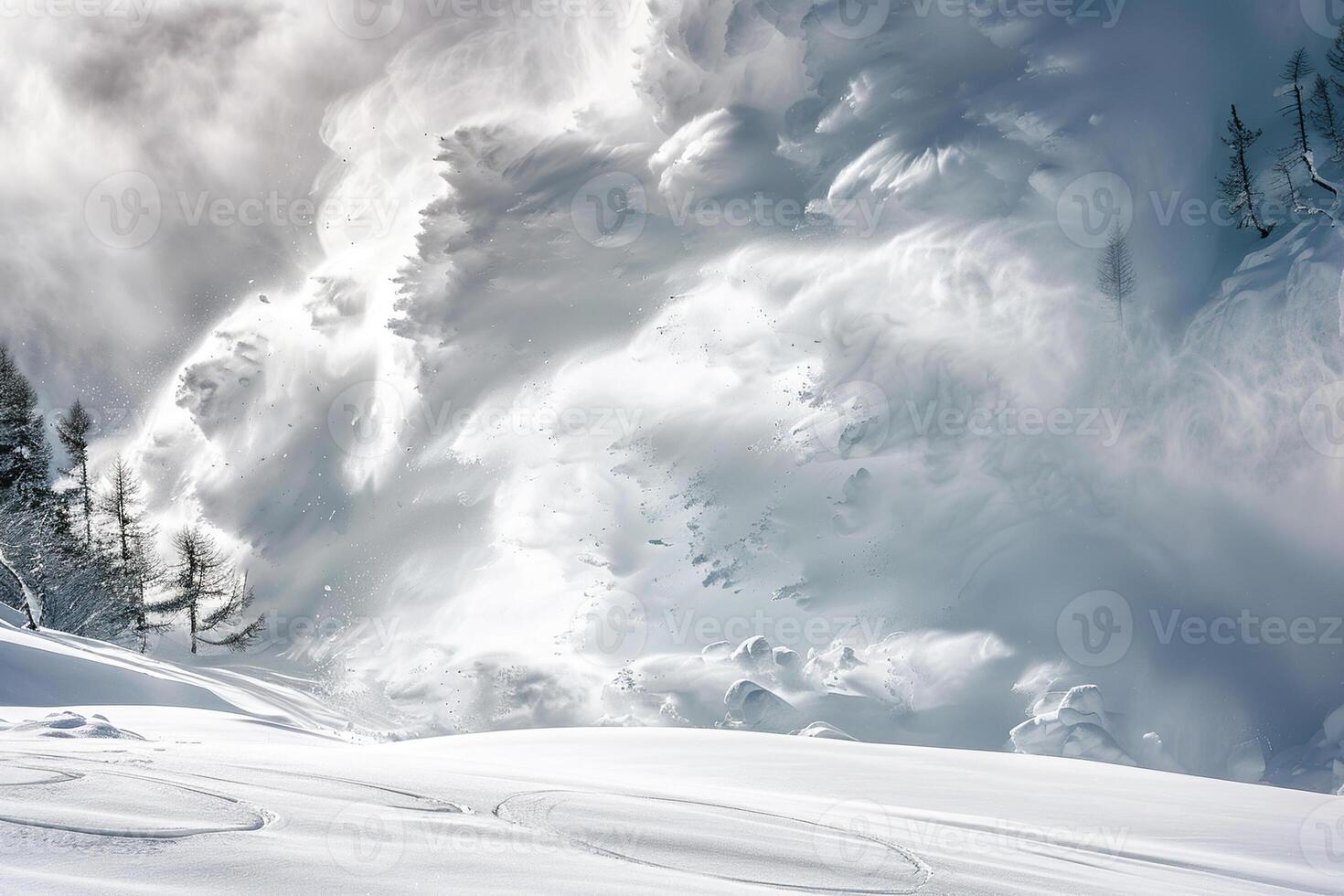 Descent of an huge avalanche from the mountain, winter nature landscape photo